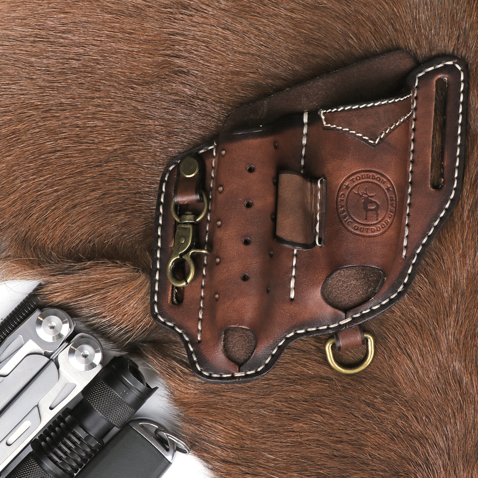 TOURBON Leather Multitools Organizer Flashlight Holder Pen Belt Holster EDC Case