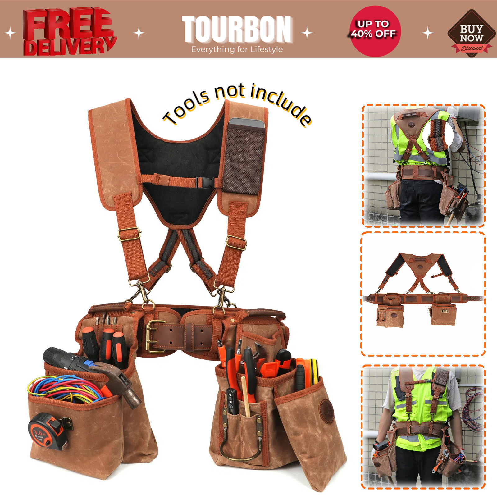 TOURBON Tool Belt Suspenders Pouch Drill Rig Carpenter Framers Vest Heavy Duty