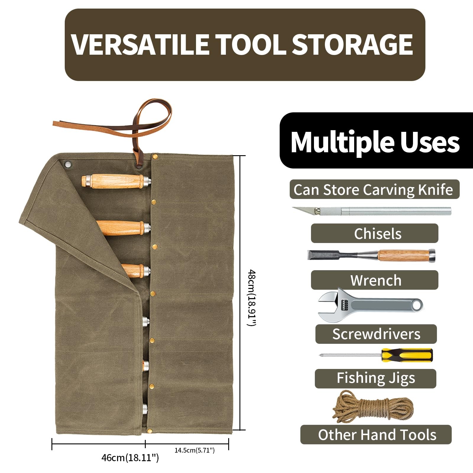 Chisel Roll,6 Pockets Roll Up Tool Pouch,Waxed Canvas Small khaki