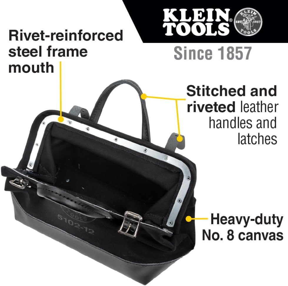 Klein Tools 510212BLK Heavy Duty Black Canvas Tool Bag, Tool Tote, Multi-Purpose