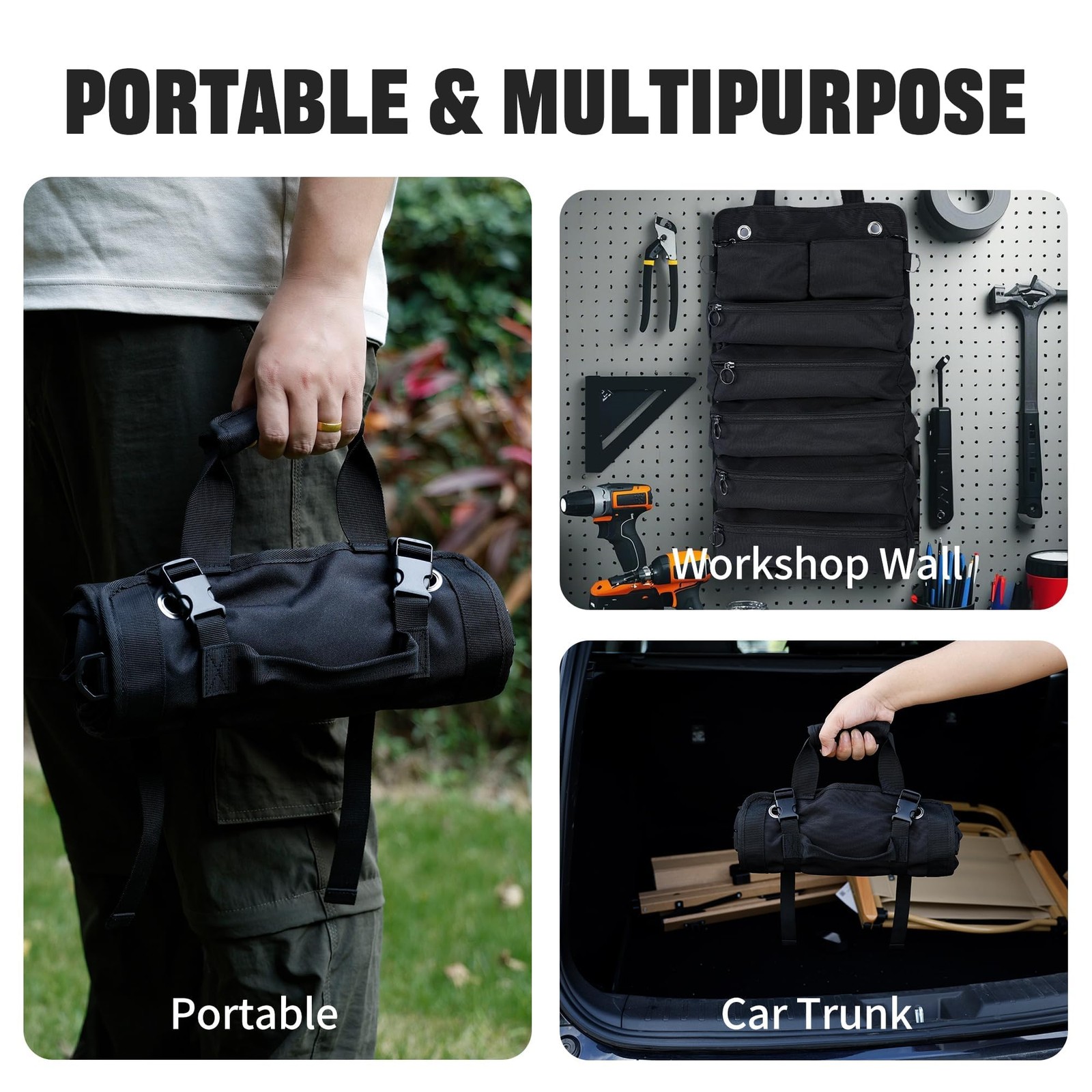 AASTT Portable Foldable Roll Up Tool Bag, 21.3 x 12.6 x 3.95 inches, black
