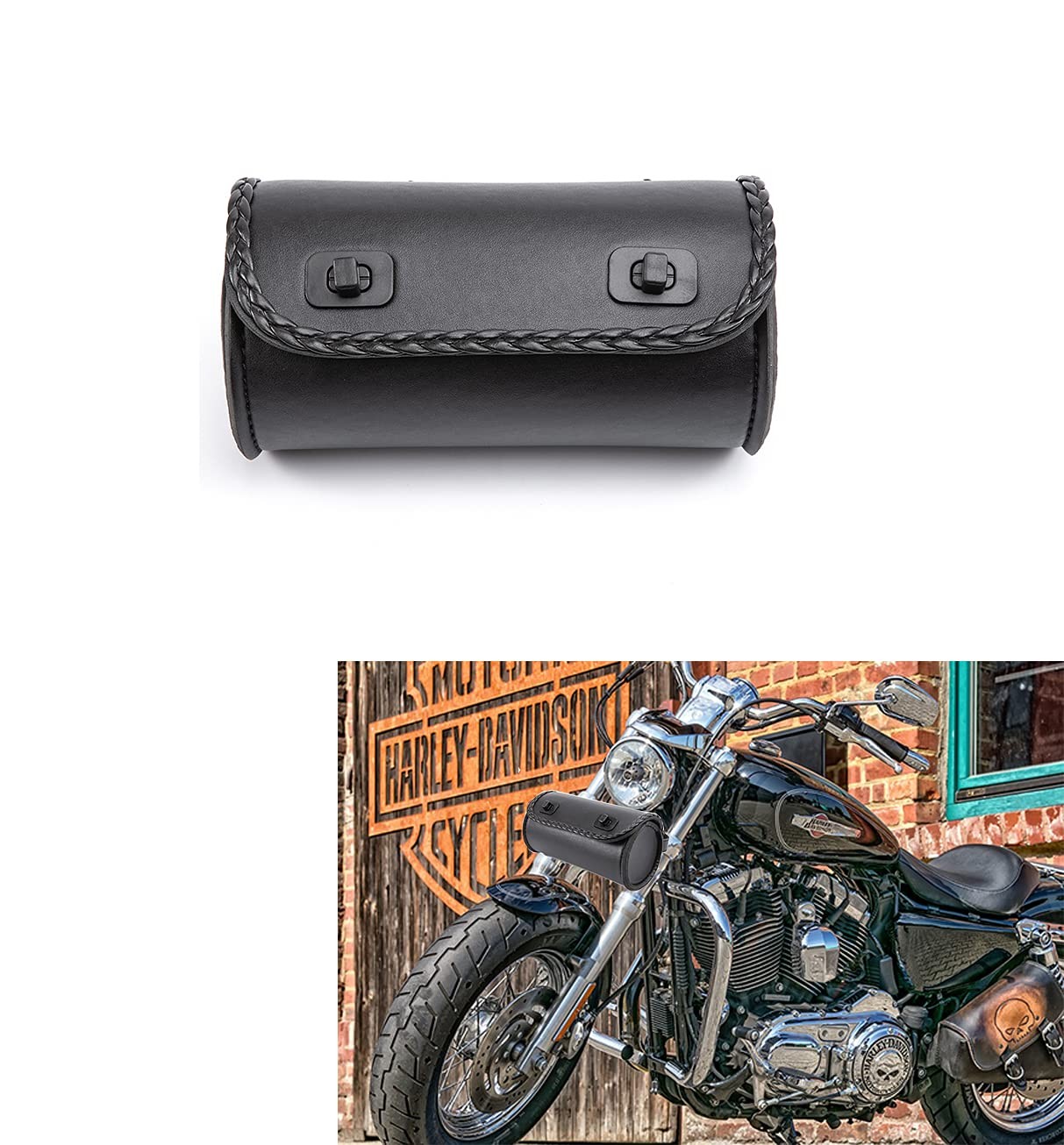 Motorcycle Fork Bag Mini PU Leather Handlebar Sissy Bar Roll Storage Black