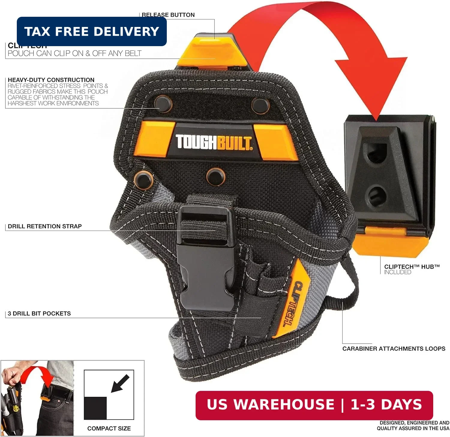 ClipTech – Compact Drill Holster, Tool Holster, TB-CT-20-S | 1680D Construction,