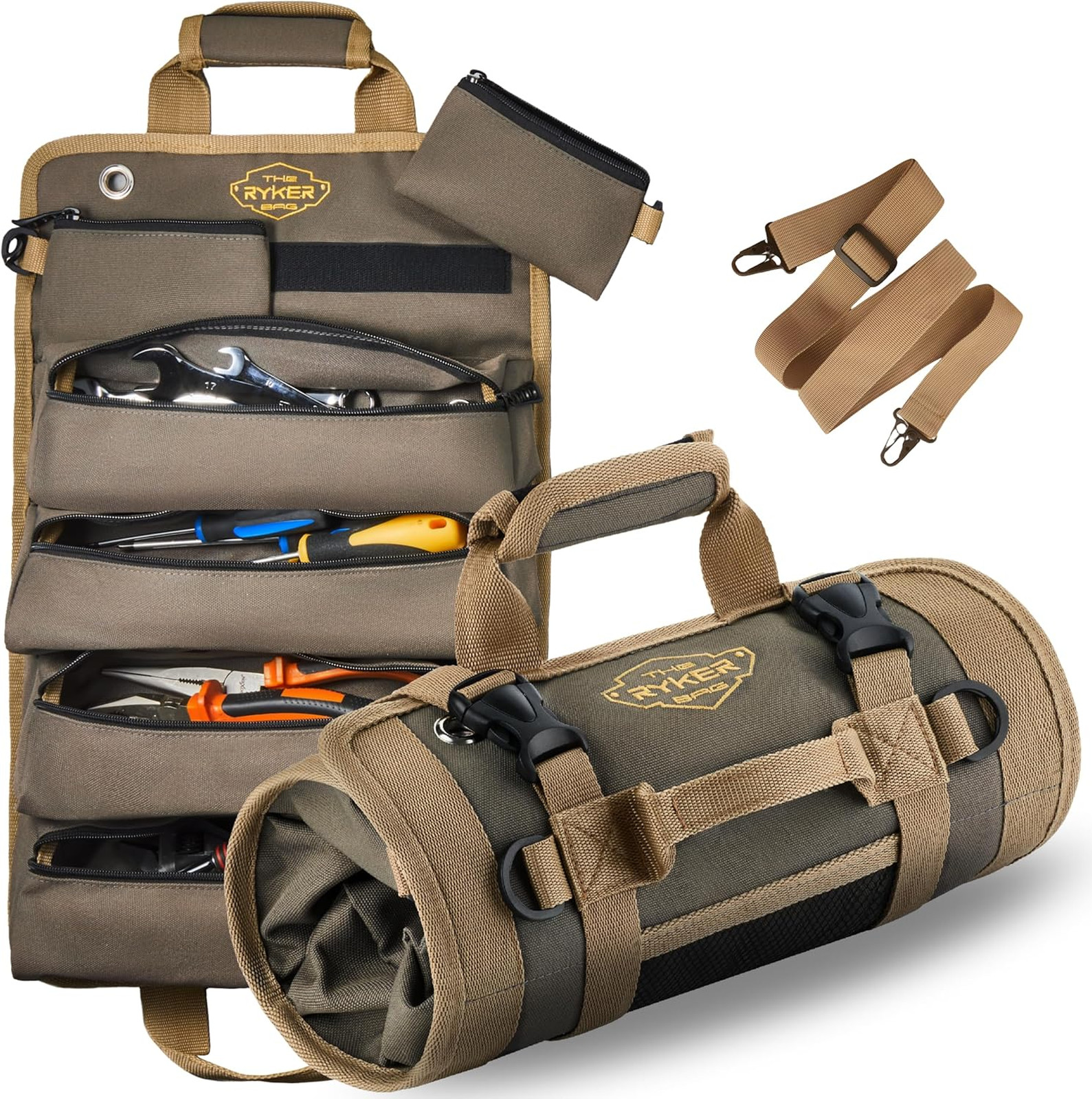 Heavy Duty Roll Up Tool Bag Organizer with Detachable Pouches Khaki for