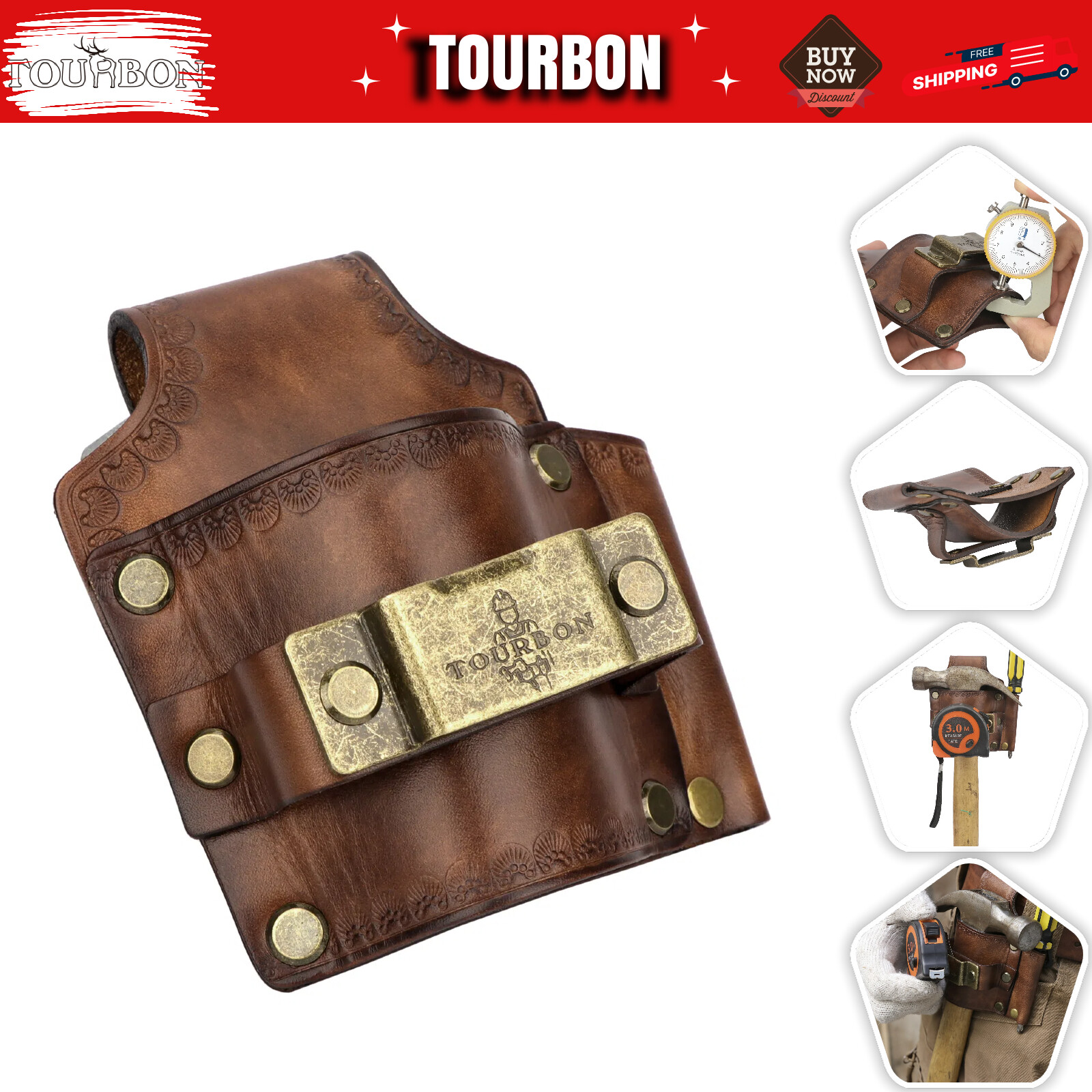 Leather 3-in-1 Tools Belt Carry Pouch Hammer Holster Tape Measure Holder-TOURBON