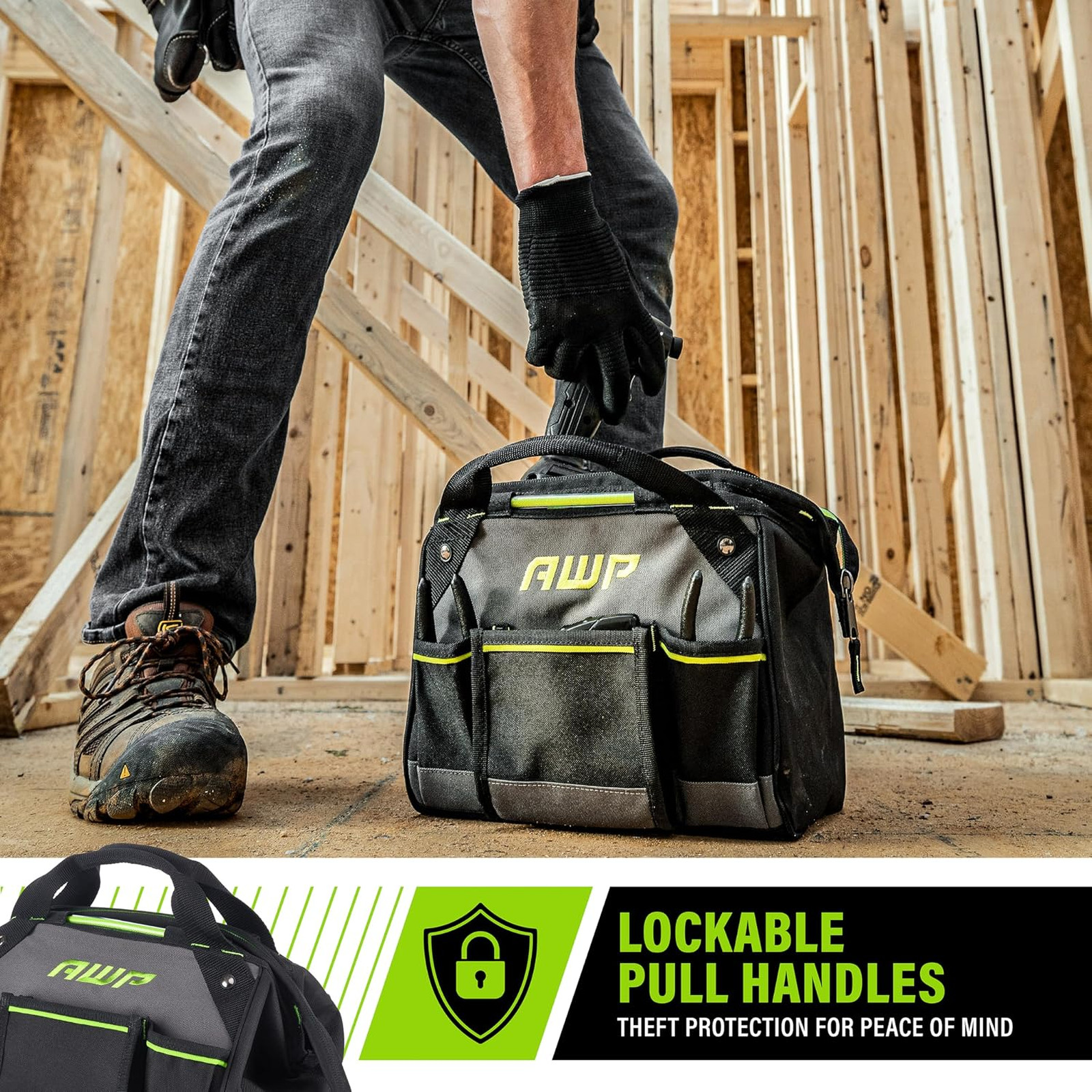 Tool Bag, Black, Durable Water-Resistant 600 Denier Polyester, Contractor, 14
