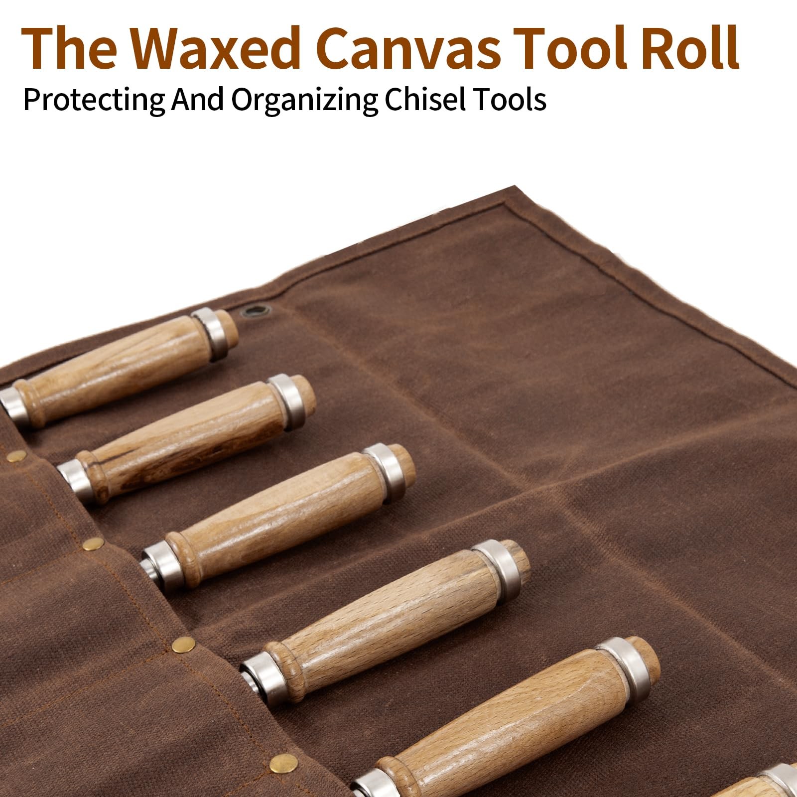 Chisel Roll,6 Pockets Roll Up Tool Pouch,Waxed 18.91″ L x 18.11″ H, brown