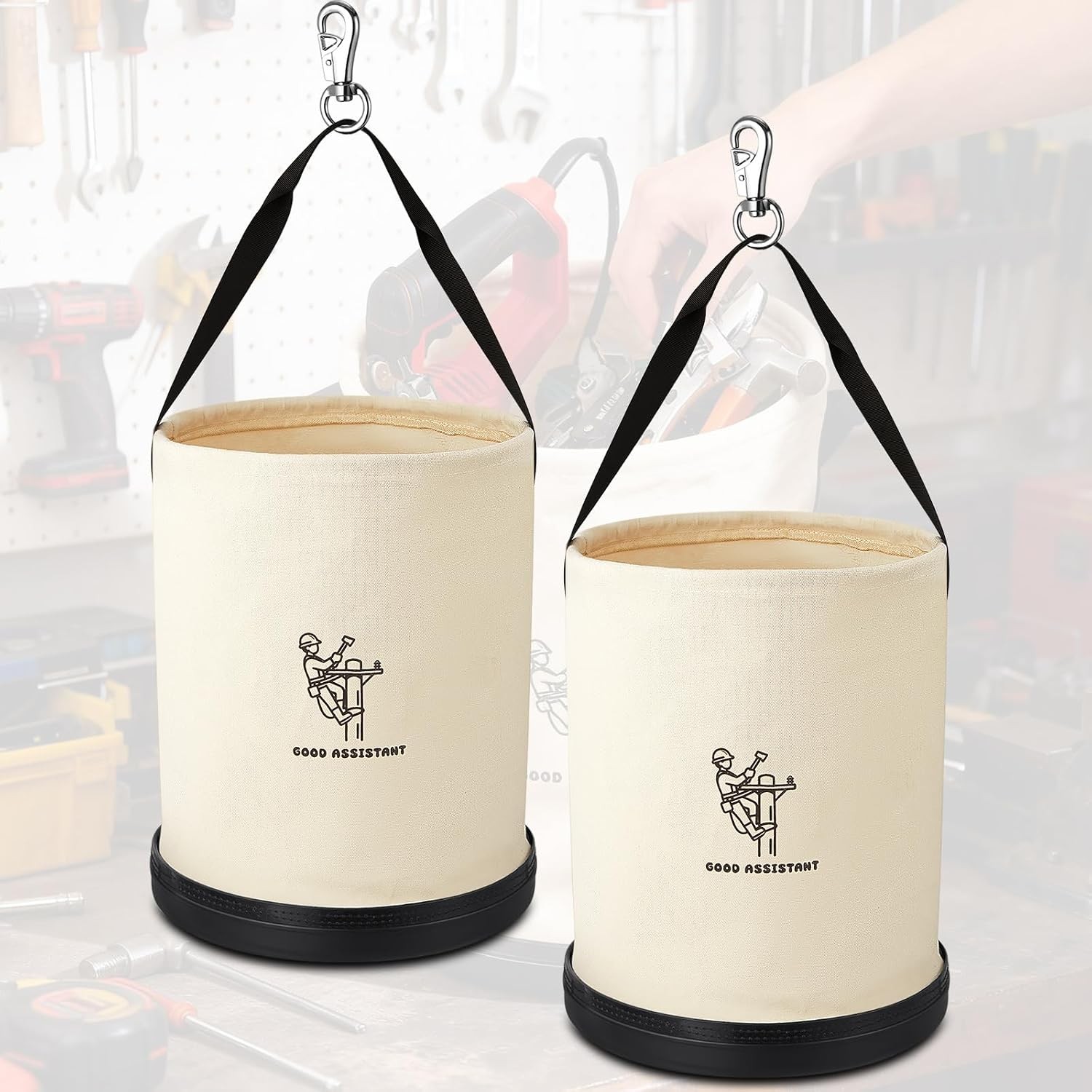 2 Pack 15″ X 12″ Canvas Tool Bucket Bag, Heavy Duty 150 Lbs Load Capacity, Truck