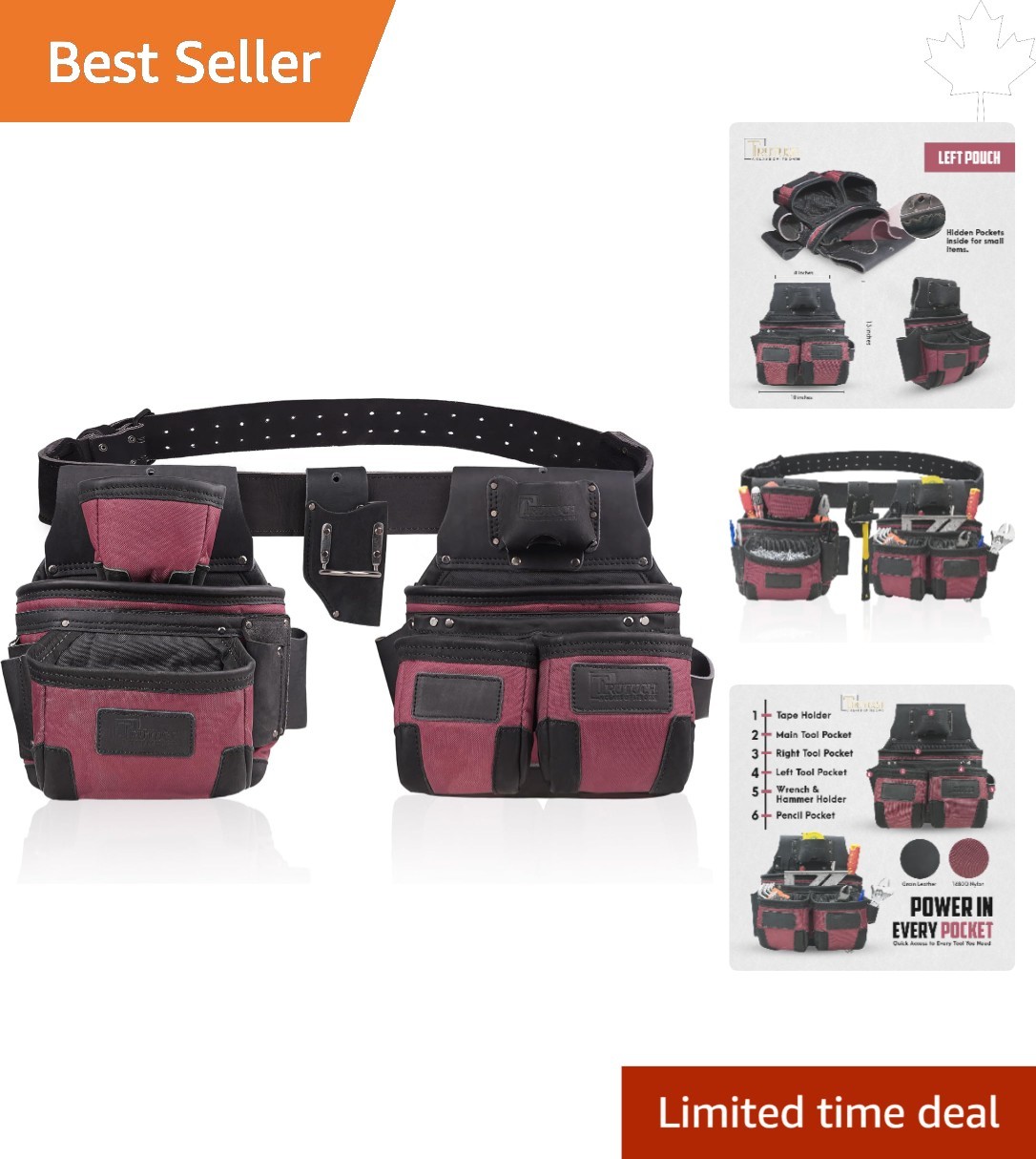 Adjustable Foam Padded Tool Belt for Electricians & Carpenters – Maroon