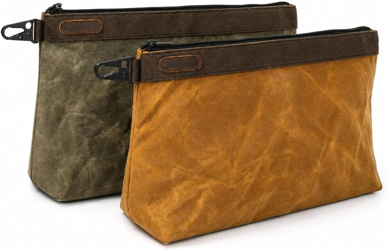 2-Pack Heavy Duty Waxed Canvas Tool Pouches,14 Inch Dual-Layered Zippered Tool B