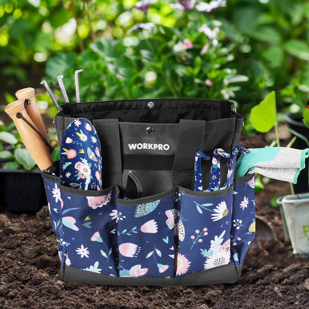 WORKPRO Garden Tool Bag, 9 Pockets Garden Tote Bag, Heavy Duty Oxford Blue