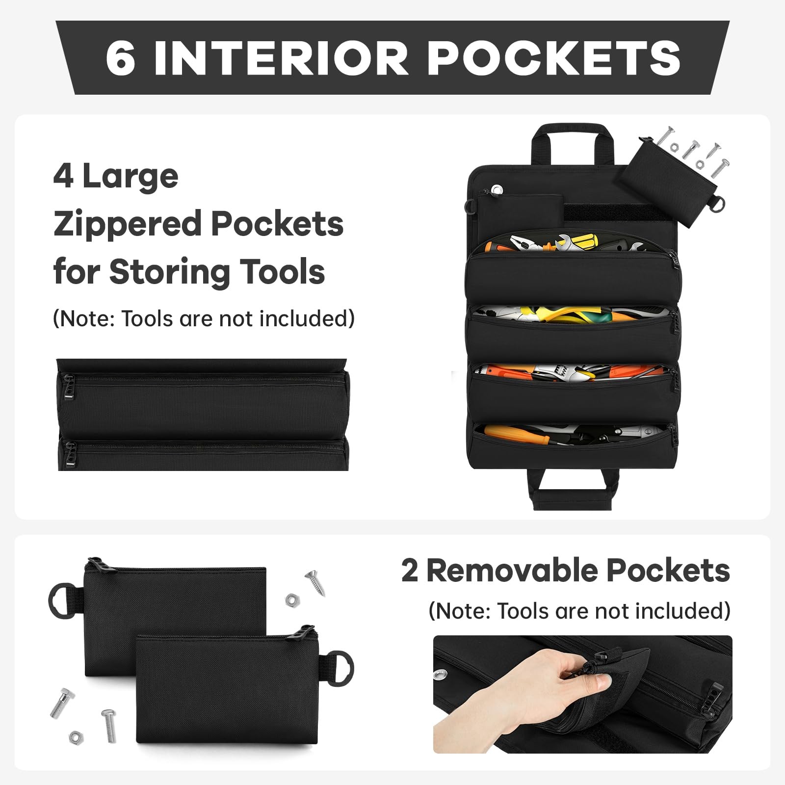 Black Standard Heavy Duty Roll Up Tool Bag Organizer 2 Detachable Pouch Garage