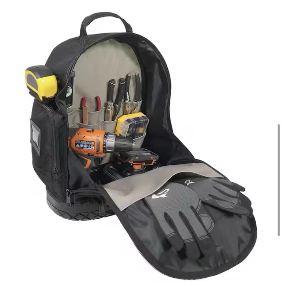 HUSKY 16” PRO TOOL BACKPACK WATERPROOF RUBBER BOTTOM 21 POCKETS +FREE DEWALT SET