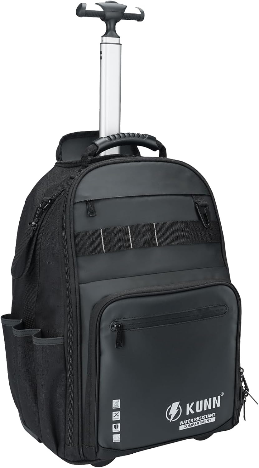 Waterproof Heavy Duty Rolling Tool Backpack with 47 Pockets – Black