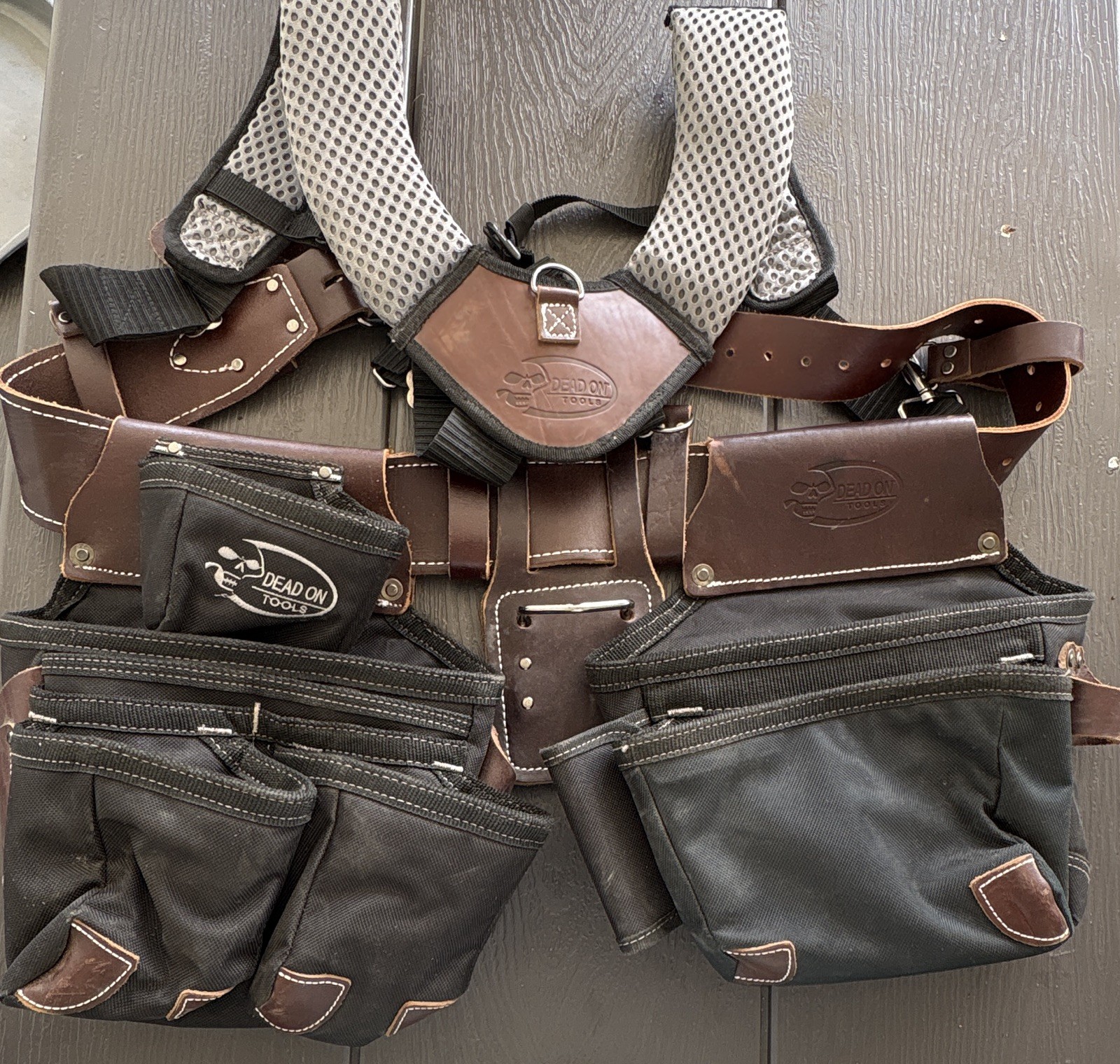 Dead On Tools Adjustable Tool Belt w/ Suspenders Leather/Nylon Pouches Black