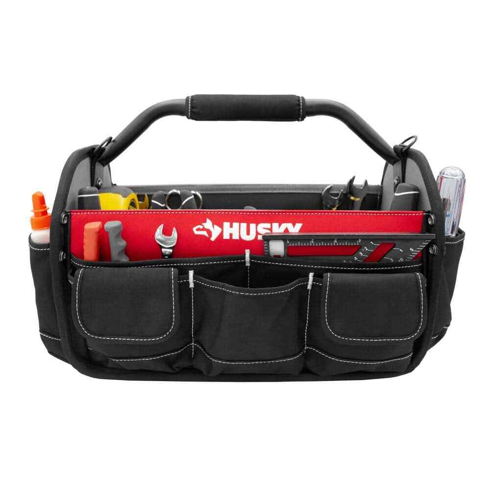 17 in. Open Top Weather Resistant Tool Tote Bag in Red with 18 total pockets and