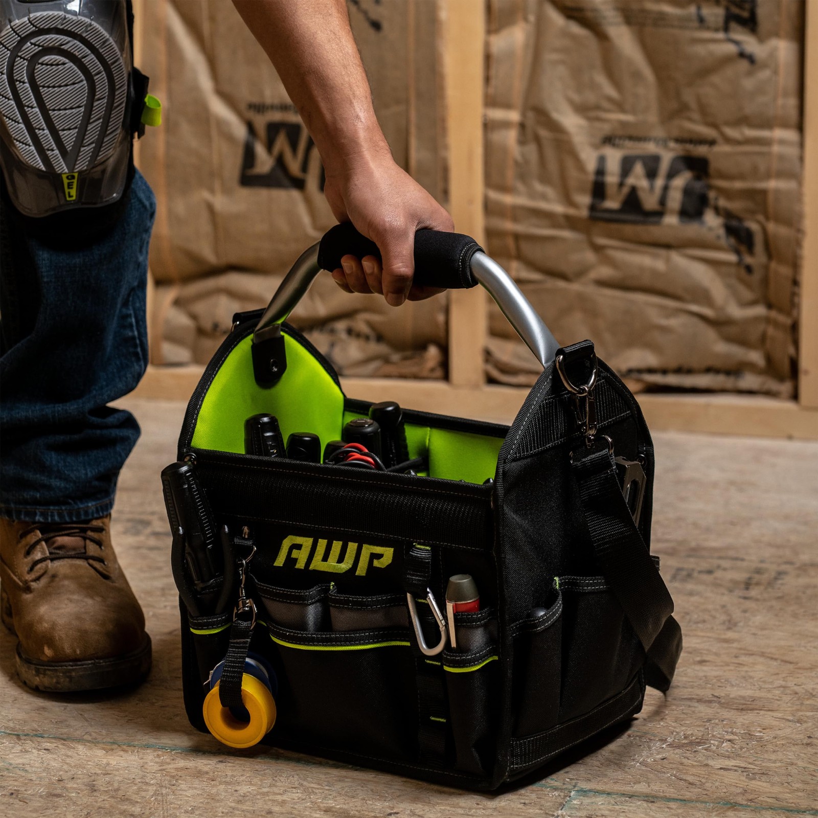 AWP 12 Inch Pro Tool Tote with Rotating Handle for Easy 12 Inch, Black