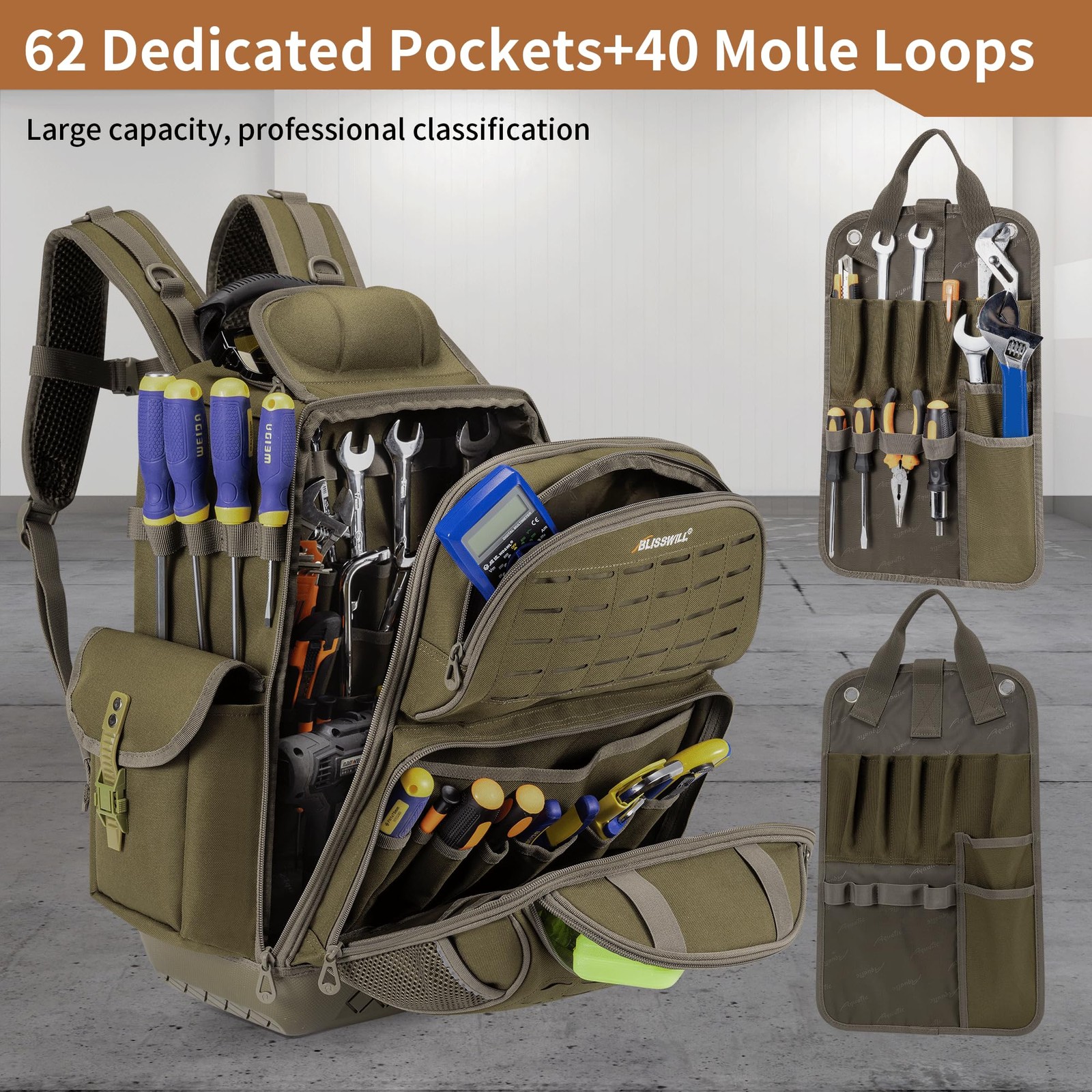 BLISSWILL Tool Bag Backpack for men,Heavy 14″ L x 8″ W x 19.5″ H, Dark Khaki