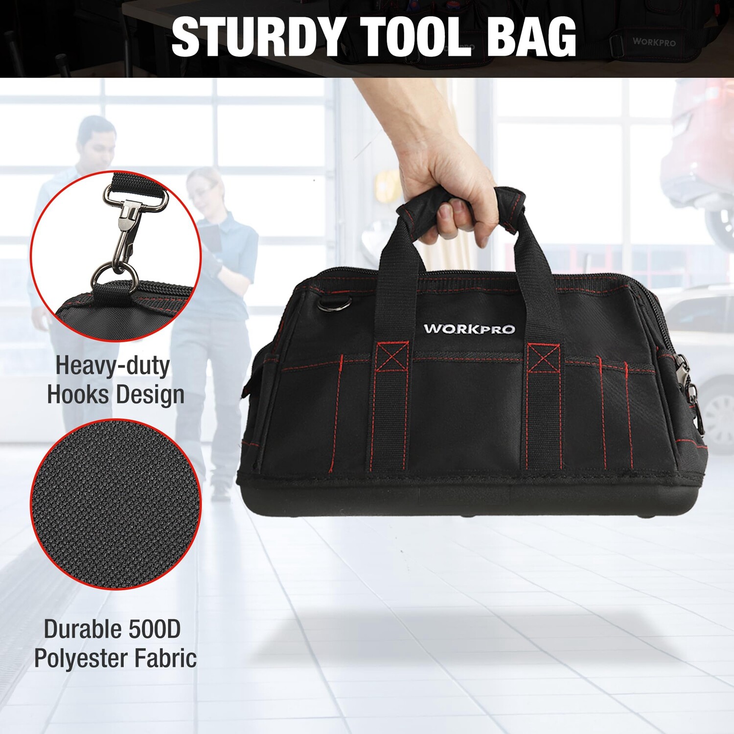 WORKPRO 16-in Close Top Wide Mouth Tool Storage Bag with Water Proof Rubber Base