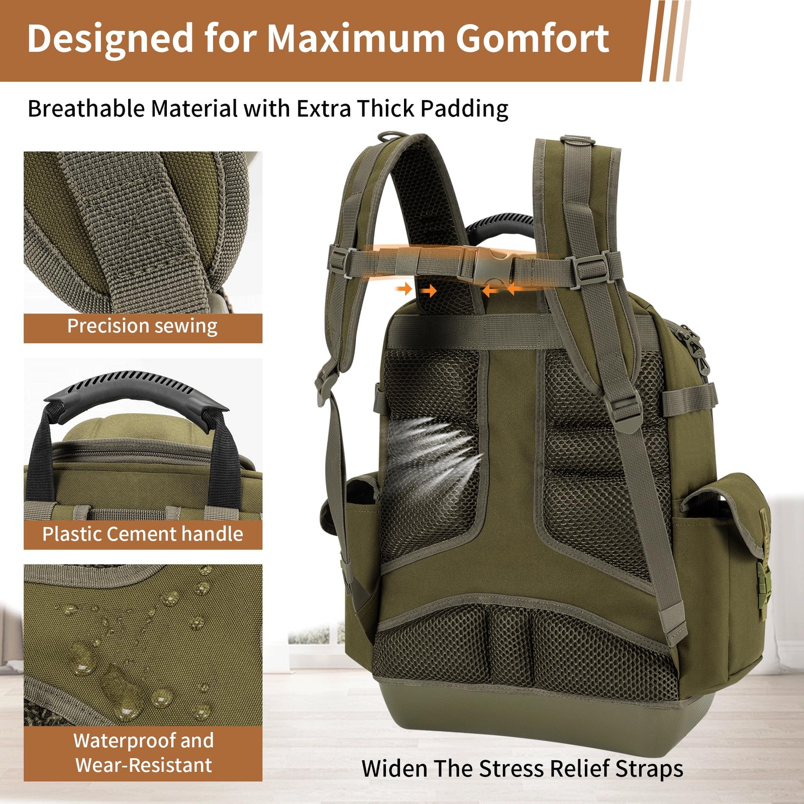 BLISSWILL Tool Bag Backpack for men,Heavy 14″ L x 8″ W x 19.5″ H, Dark Khaki
