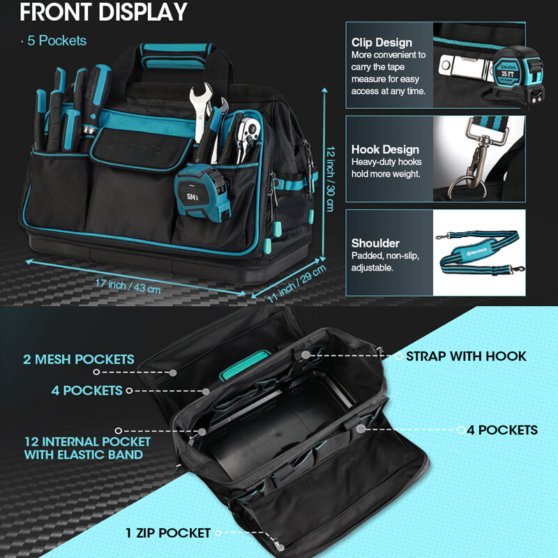 DURATECH Wide Mouth Tool Bag 17-in Large Storage 32 Pocket Bag Organizer w/Strap