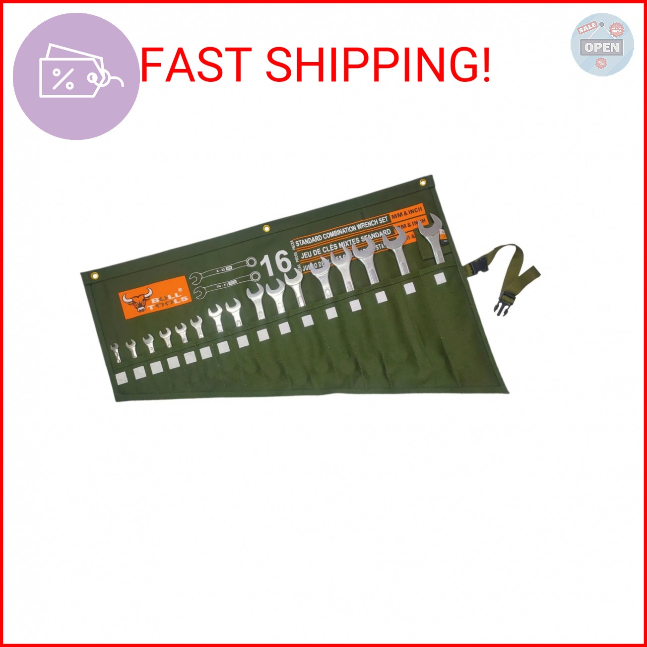 BULL TOOLS Roll Up Tool Bag Organizer 16 Pockets Metric & SAE Wrench Organizer H