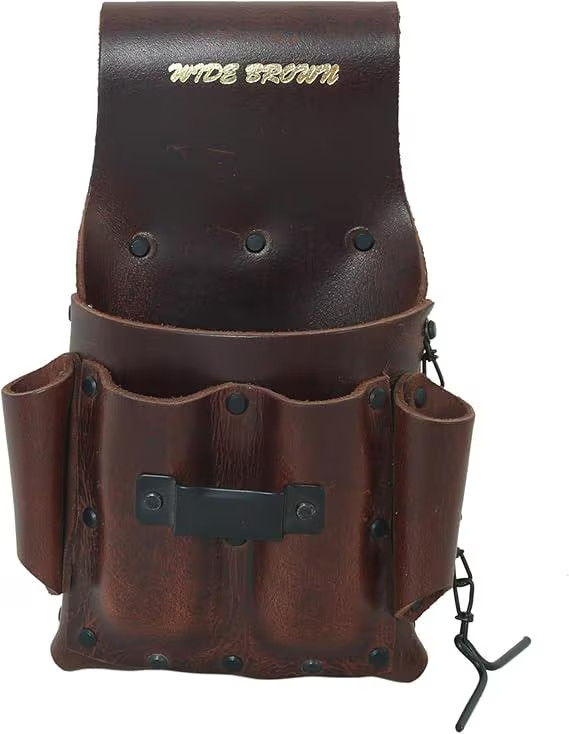 Wide Brown Leather Tool Pouch: 5-Pocket Electrician’s Belt
