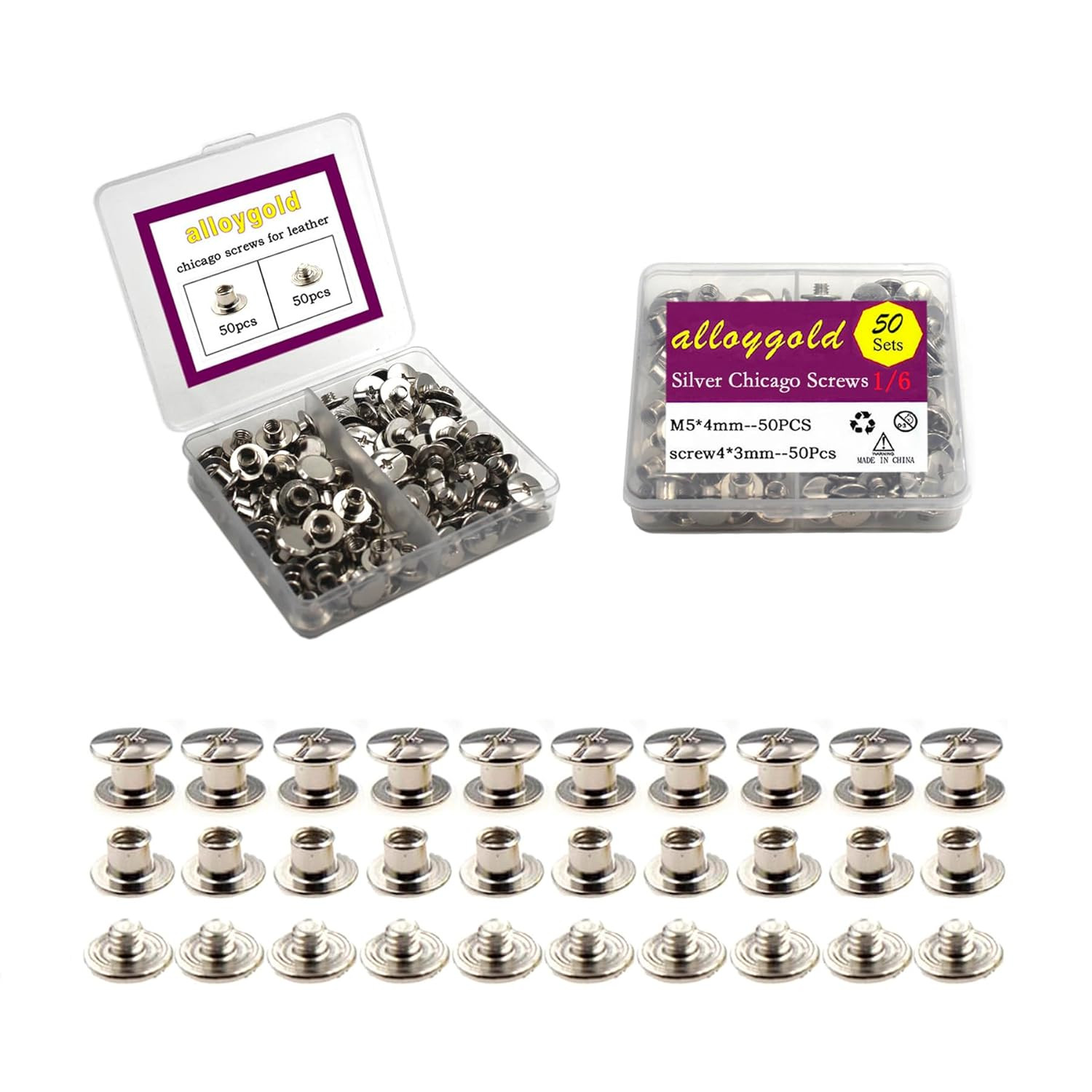 50 Sets Silver Chicago Screws 1/6 inch – Great for Leather Crafts, Bindings and