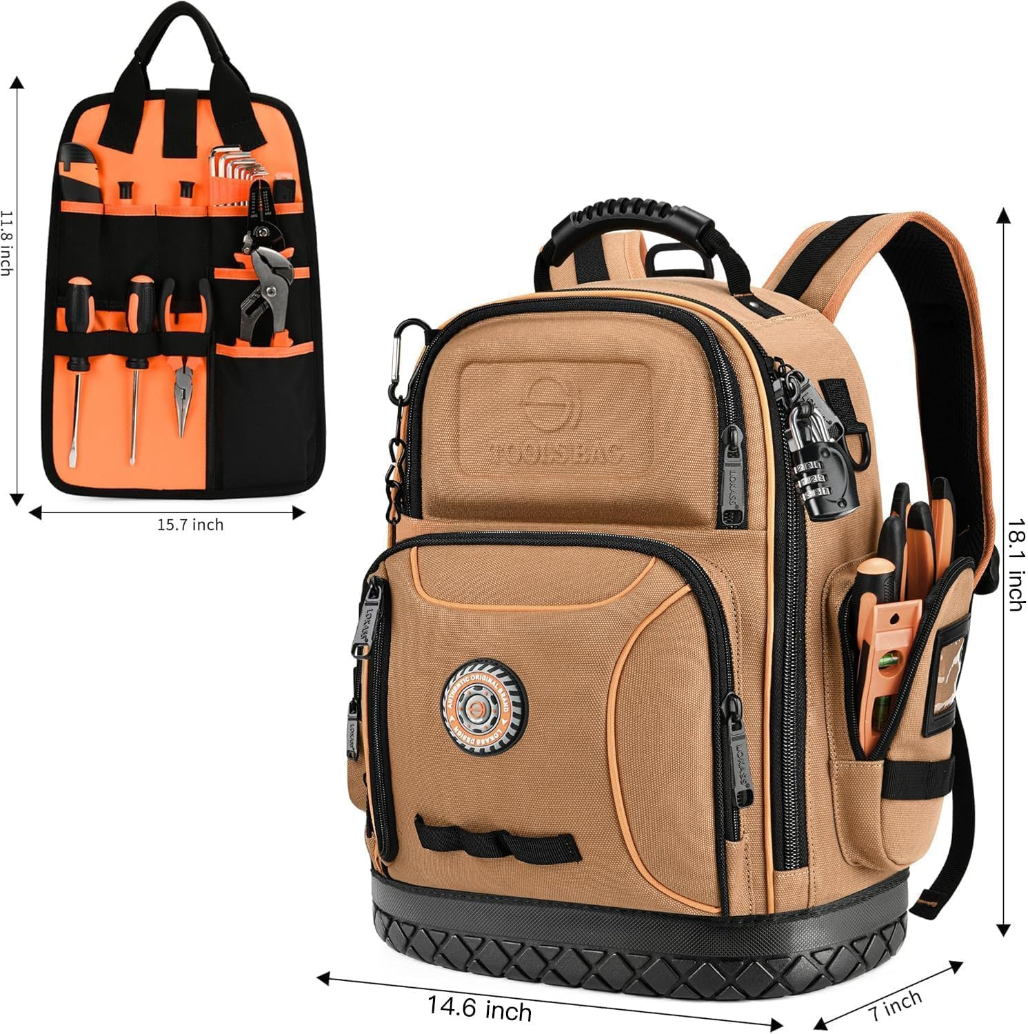 18.1-Inch Heavy-Duty Tool Backpack, 75 Pockets, Brown | 110 Lbs Load Tested, 168