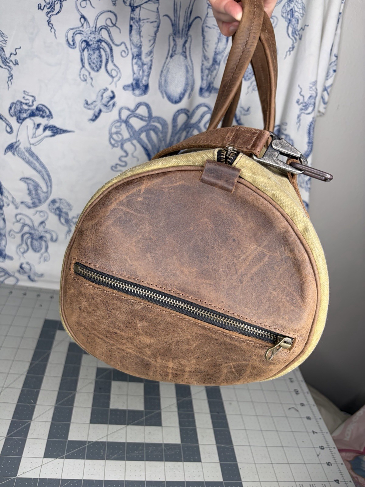 Hide & Drink Waxed Canvas Beige Duffle Weekend Bag W/ Leather Shoulder Strap (K2
