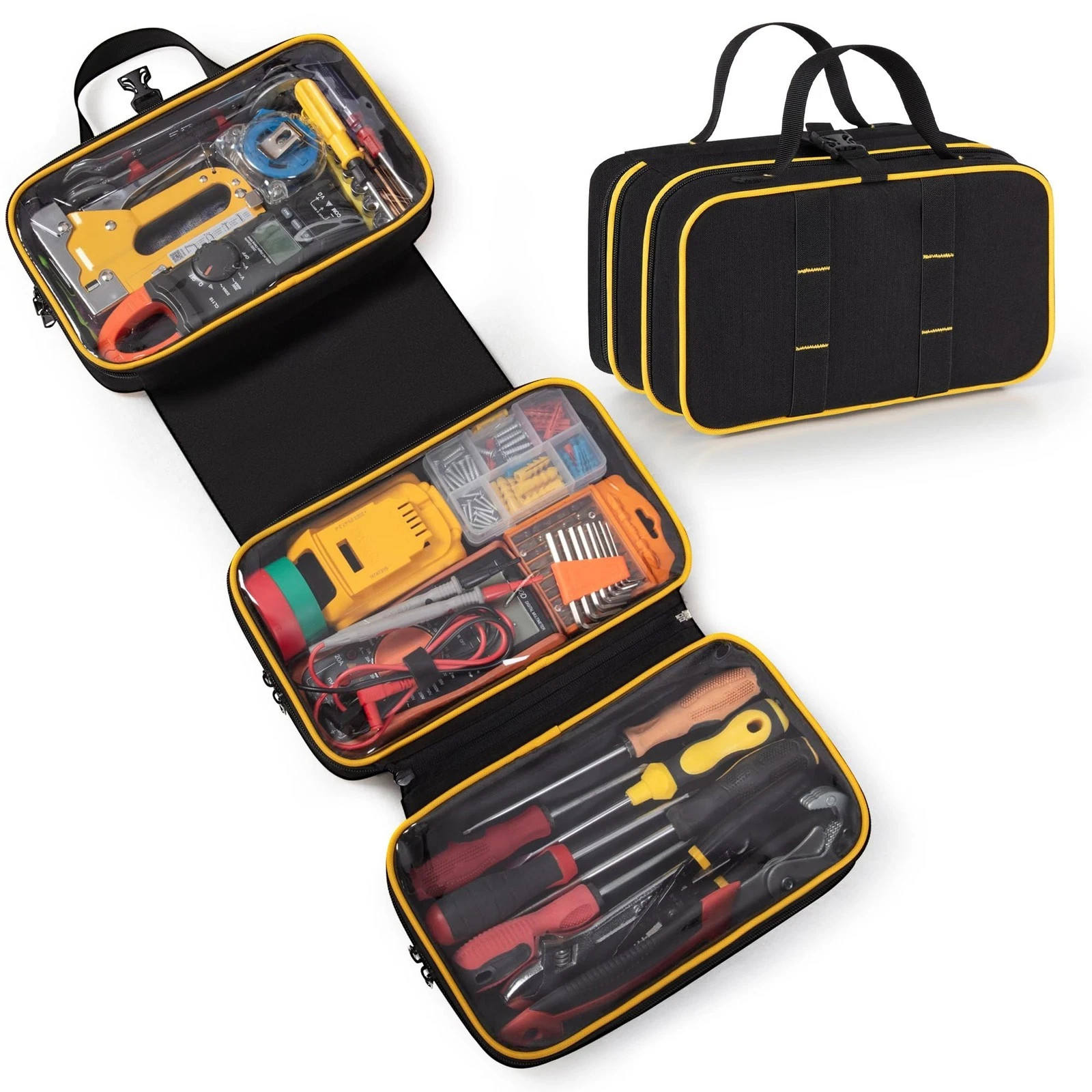 Marscamd Roll Up Tool Bag with 3 Clear Window Cases One Detachable, Trifold T…