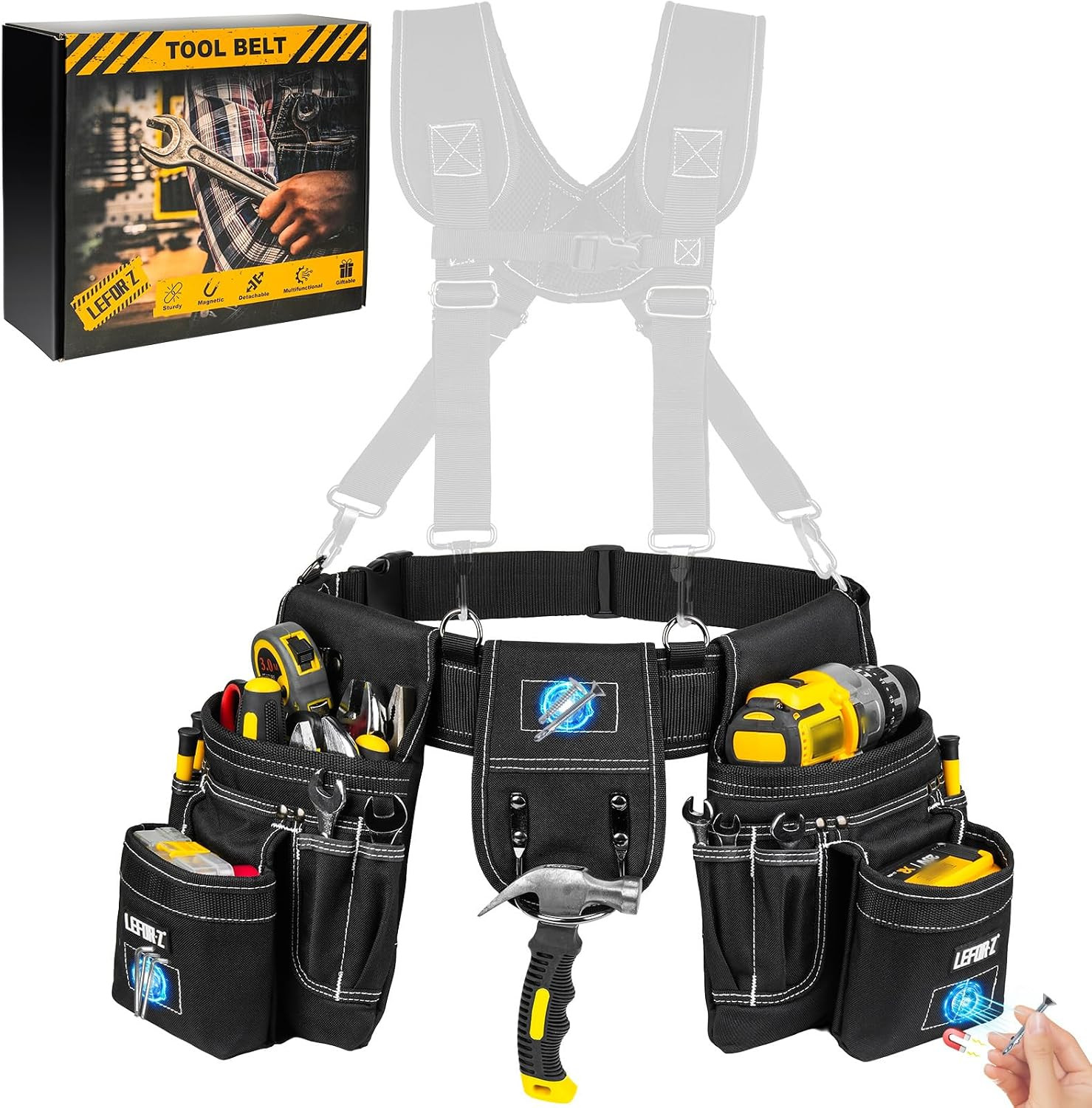 Tool Belt with 4 D-Rings,27-Pockets Tool Belts for Men,Construction | Heavy Duty