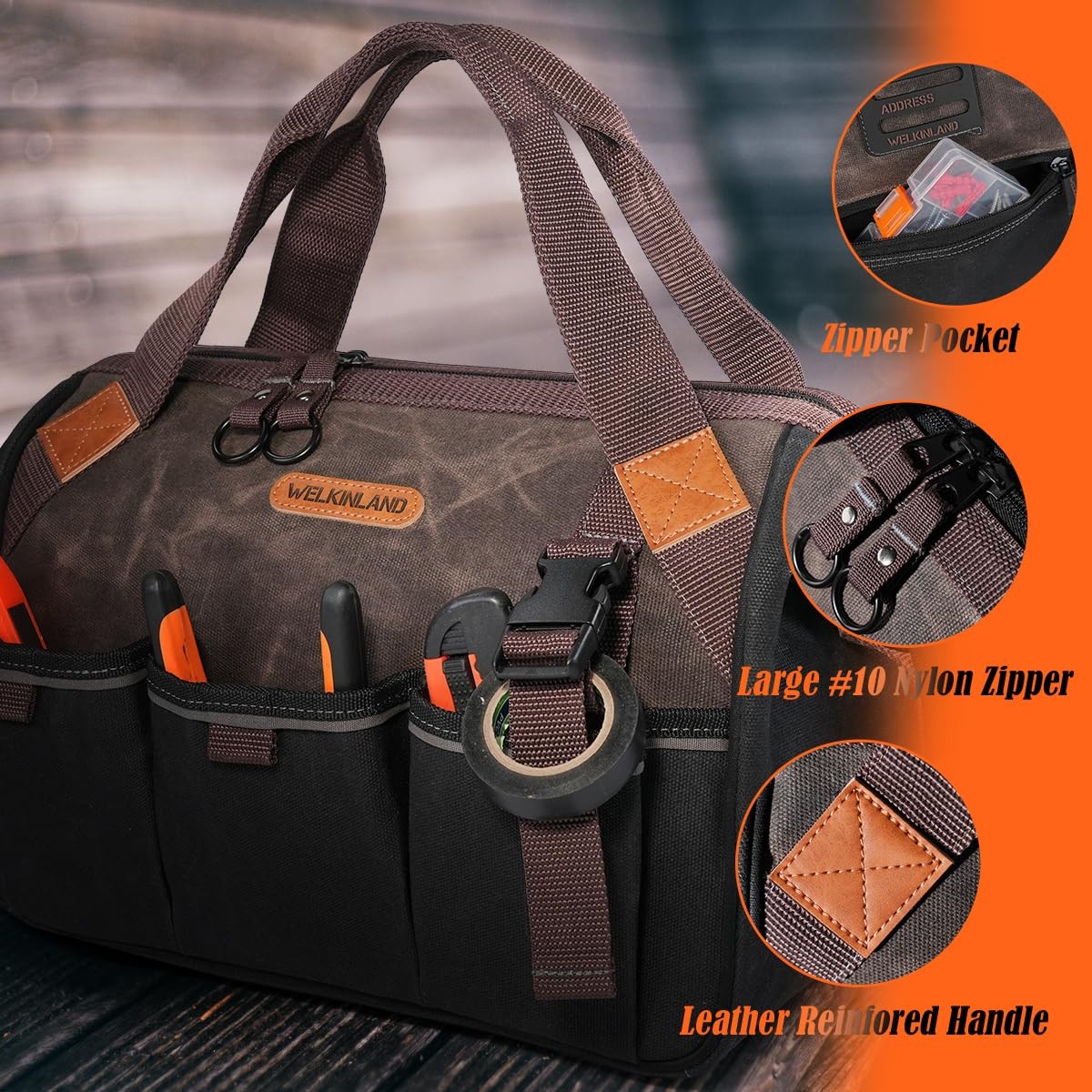WELKINLAND 18 Pockets Electrician Tools Bag,14″ Heavy Duty Plumber Tool Bags,…