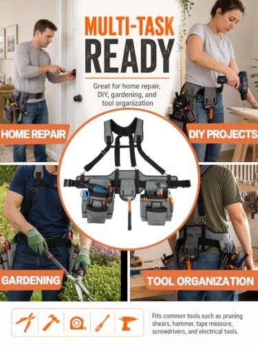 Heavy Duty Tool Belt with Suspenders, Adjustable Work Belt, Gray/Black