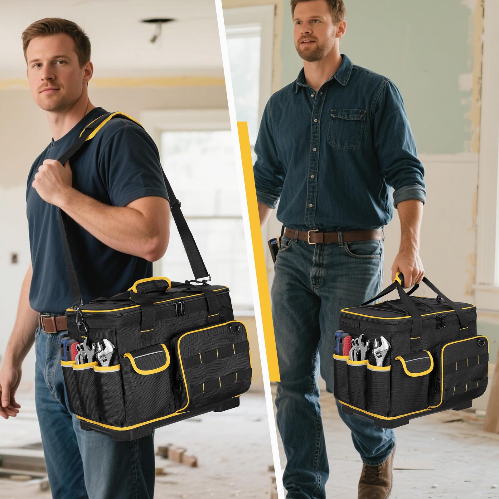 16Inch Heavy Duty Tool Bag With Hard Bottom Detachable Divider Black