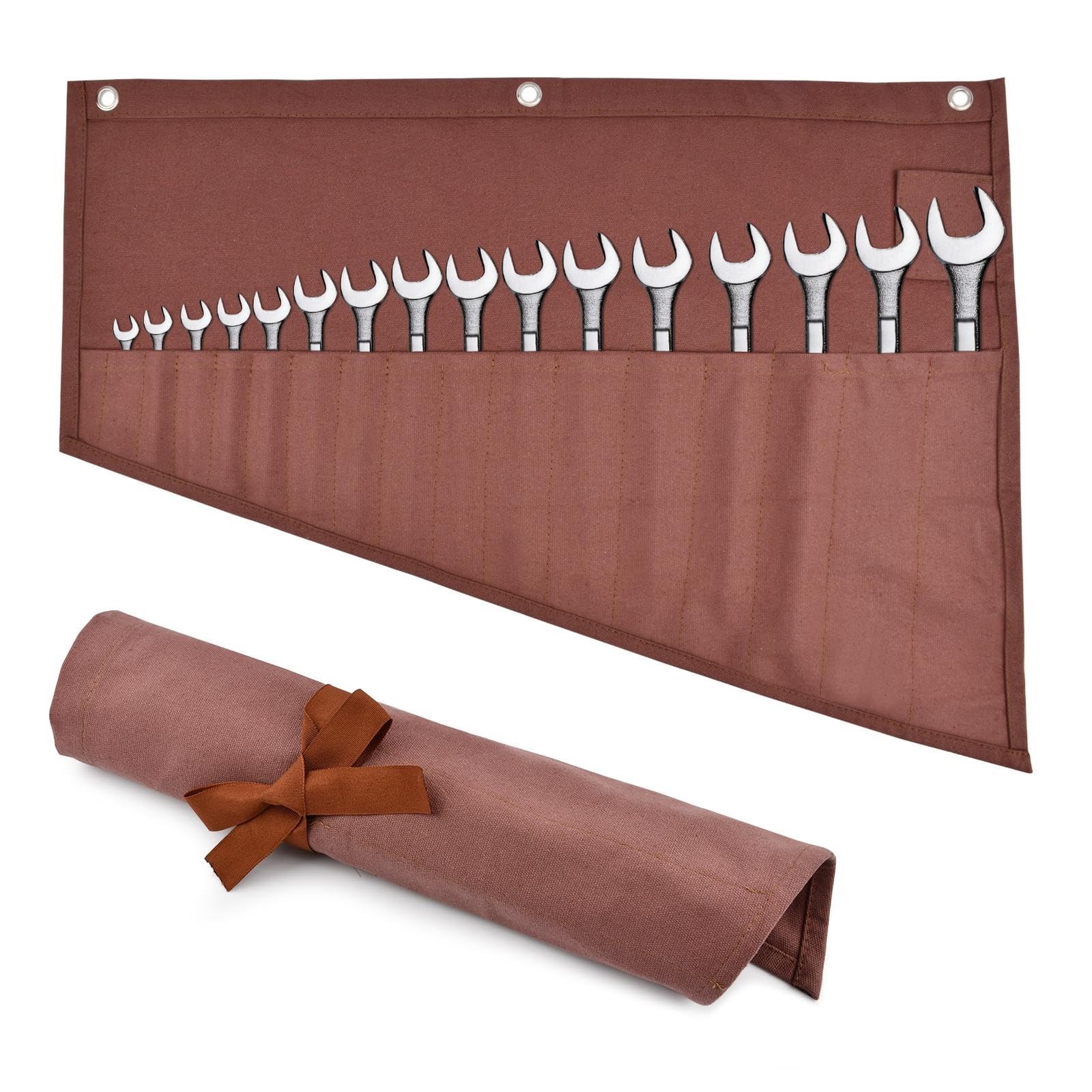 Tool Organizers, 16 Pockets Wrench Roll Organizer,Rolled 58 * 47cm, brown