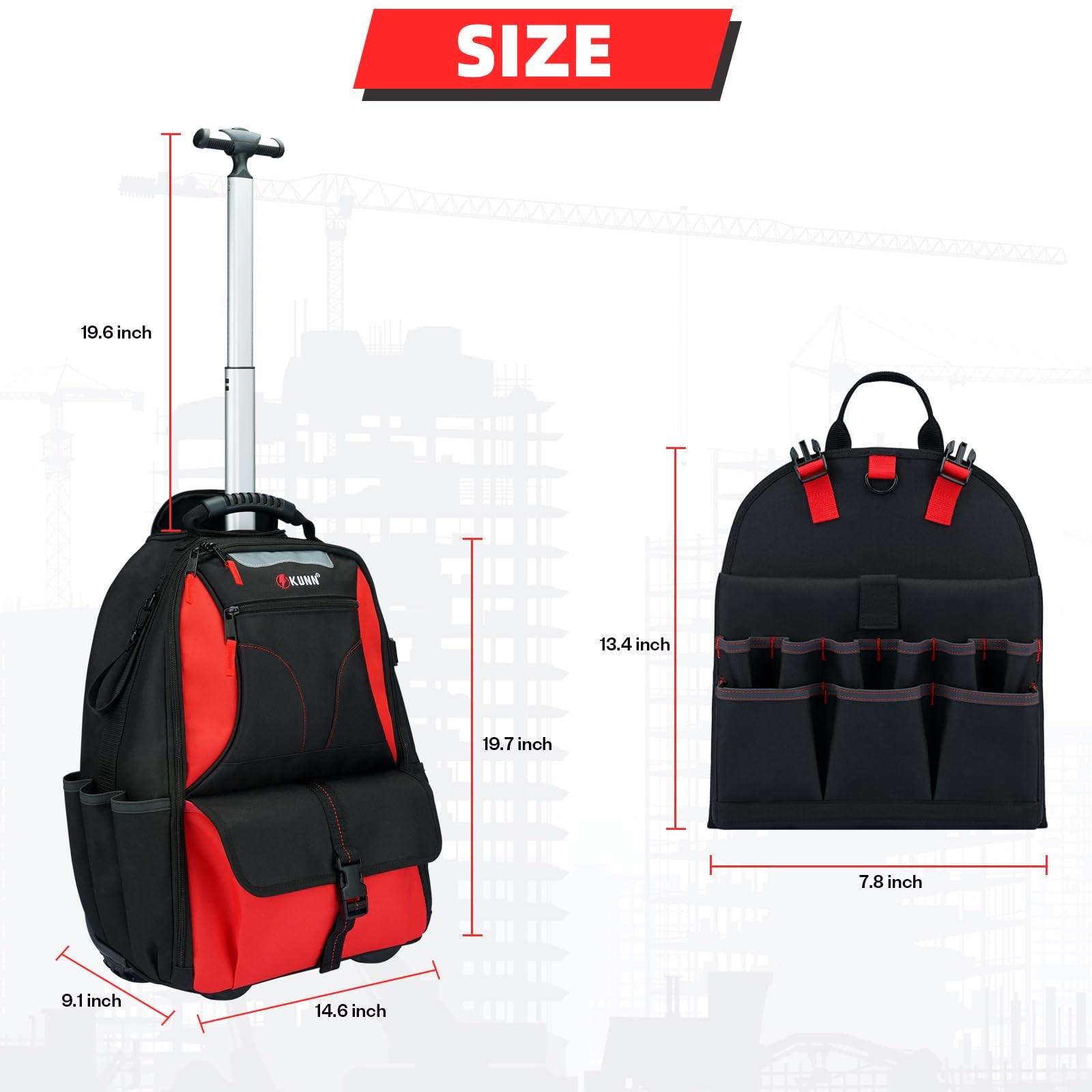 Rolling Tool Backpack with Wheels Heavy Duty, 37-Pocket Roller Tool Bag Backp…