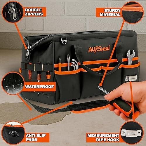 Tool Bag Wide Mouth 16 Pockets Adjustable Shoulder Strap Tool Clip Oxford 1680D