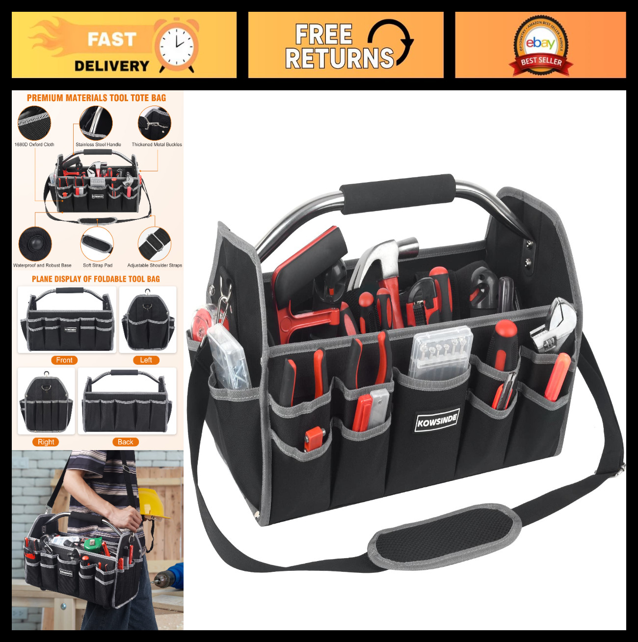 16″ Electrician Tool Bag – Open Top, 26 Pockets, Steel Handle, Removable Strap