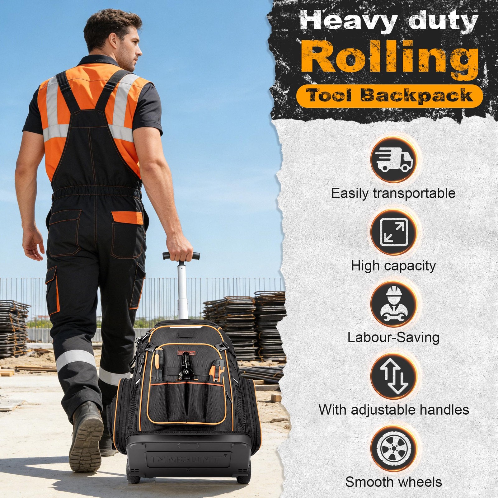 Large Tool Backpack Bag with Wheels, Combination Lock, USB Port, Molded Base