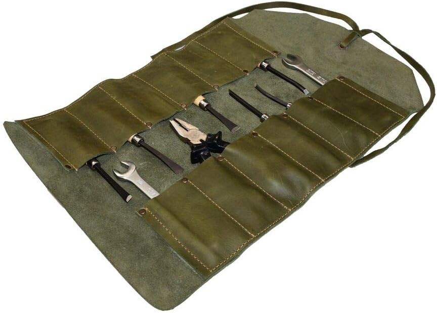 Durable Dark Jade Leather Tool Roll with 12 Slots for Craftsmen & Travelers