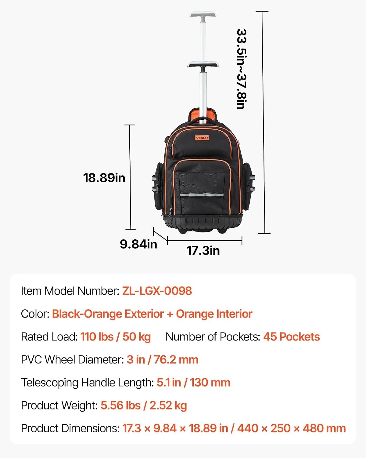 Rolling Tool Backpack, 110 lbs Load Capacity, 45 Pockets Heavy Duty Roller To…