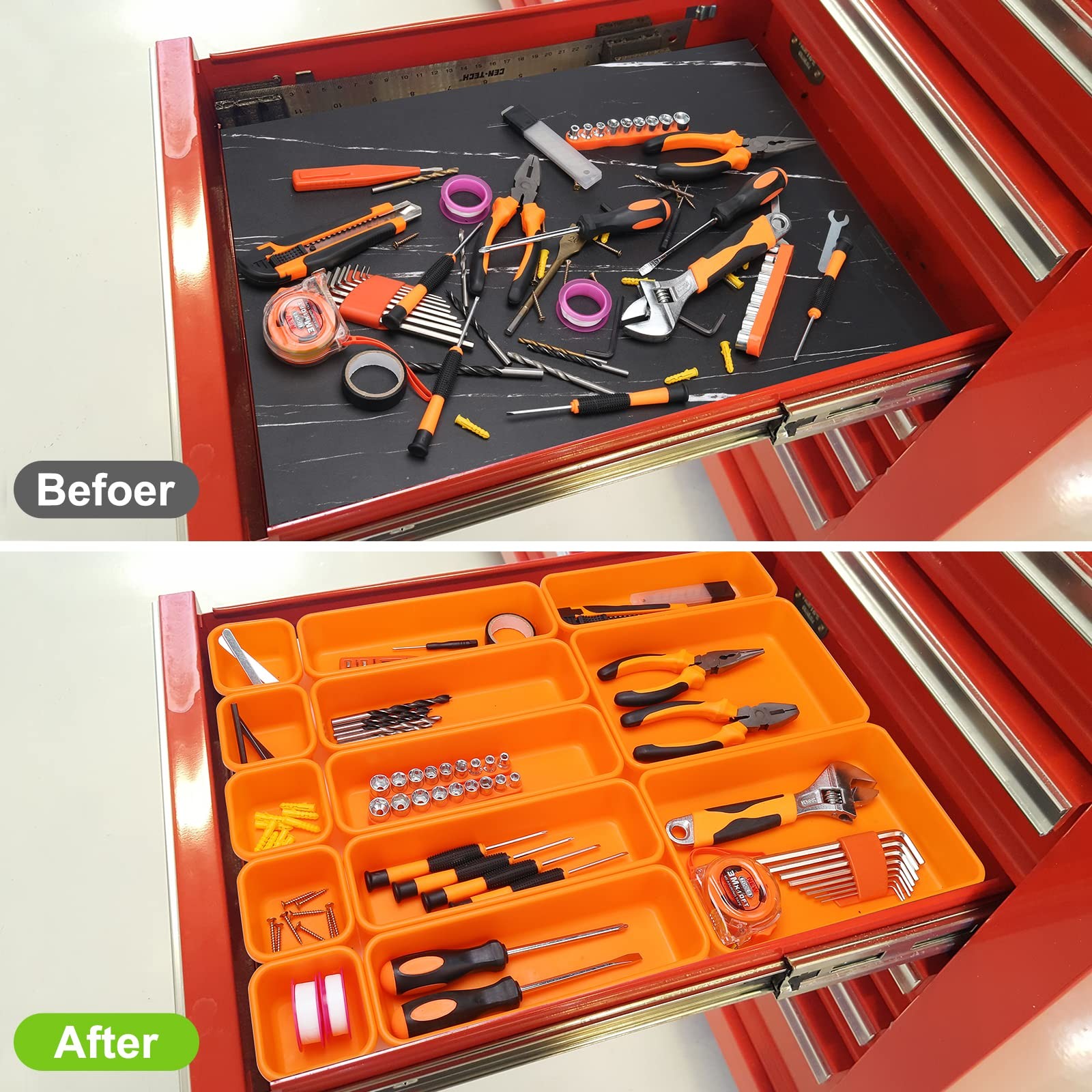 42 Pack Tool Box Organizer Tray Dividers, Rolling Chest Cart Orange