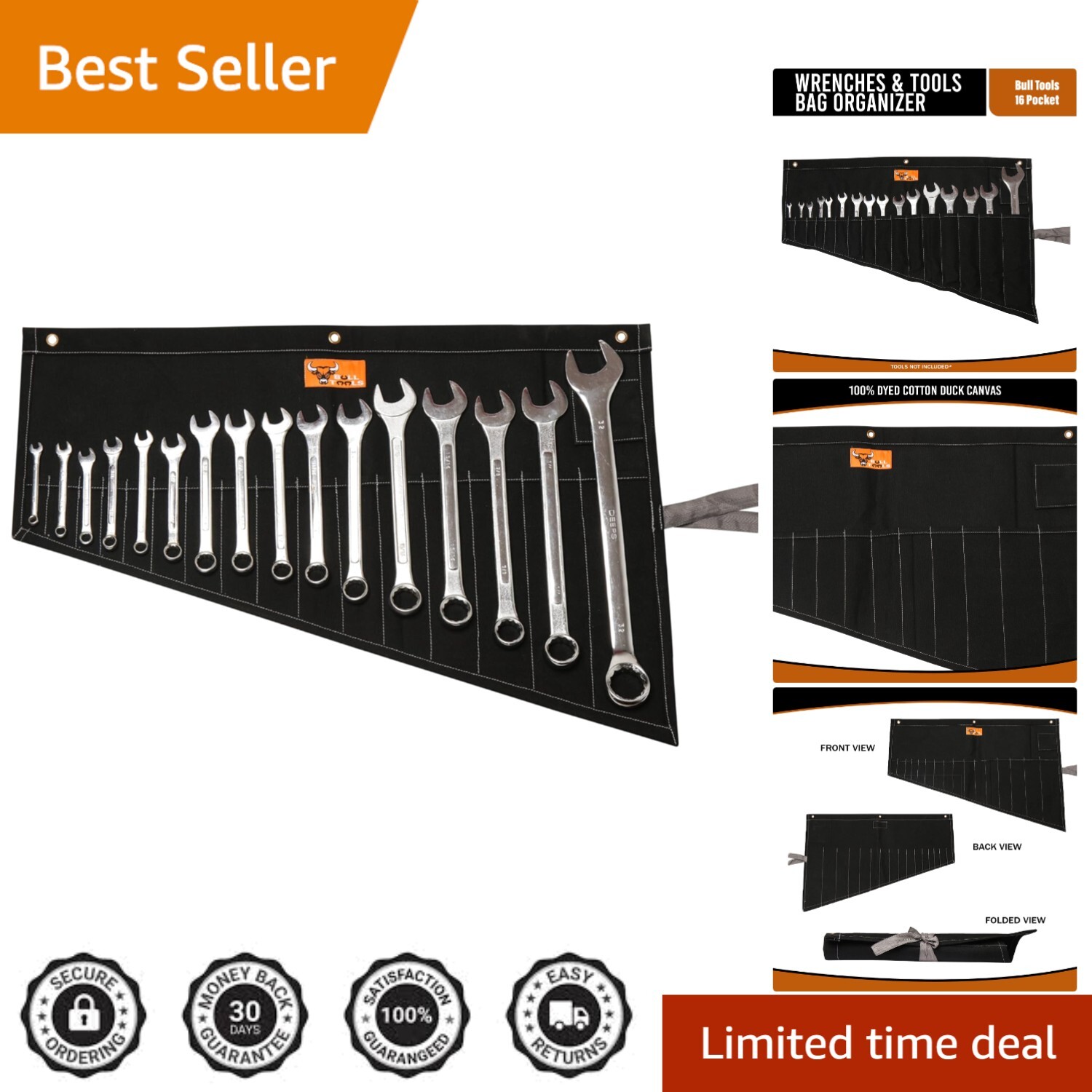 Coal Black 16 Pocket Wrench and Tool Organizer – Heavy Duty Cotton Canvas