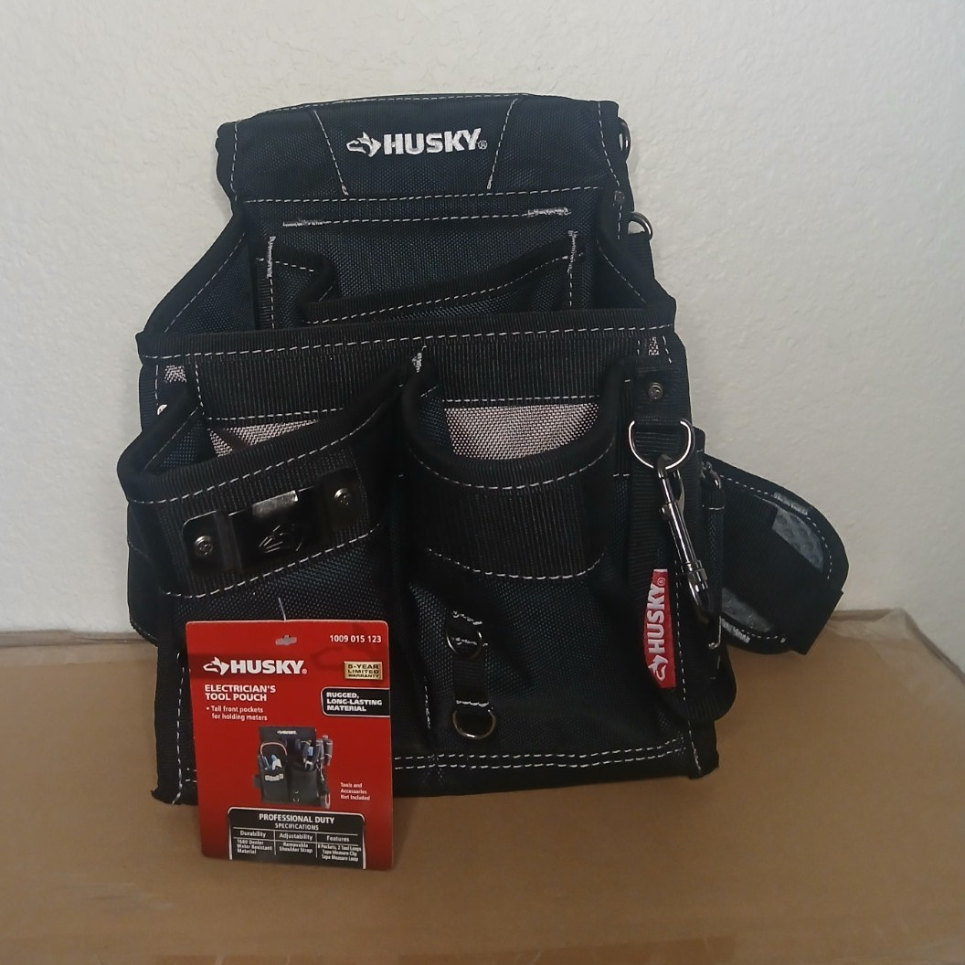 Husky Electrician’s Tool Pouch Fabric Black/Gray Medium Multiple Pockets