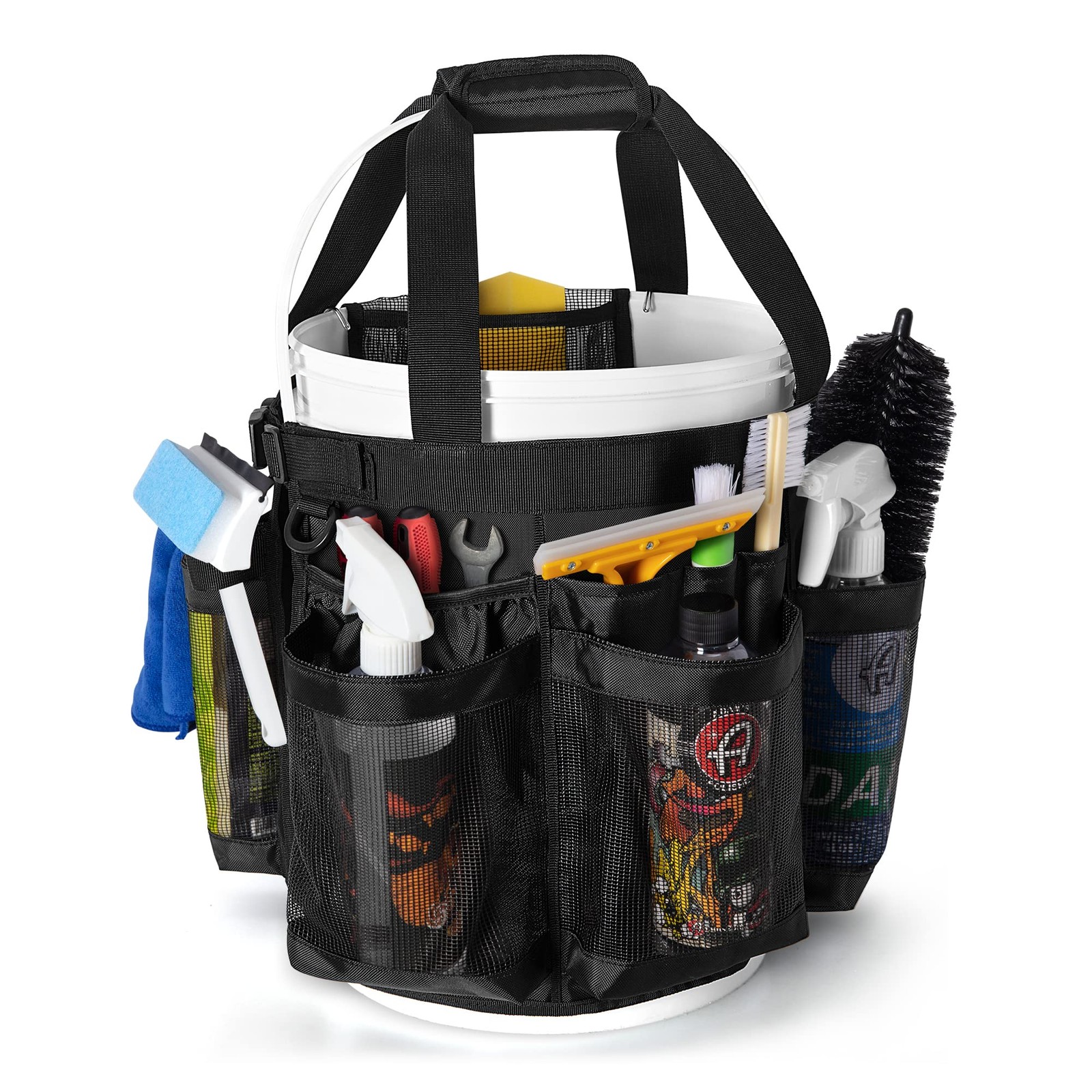 5 Gallon Bucket Organizer with Anti-fall Hooks & Buckle Caddy with Mesh Pockets