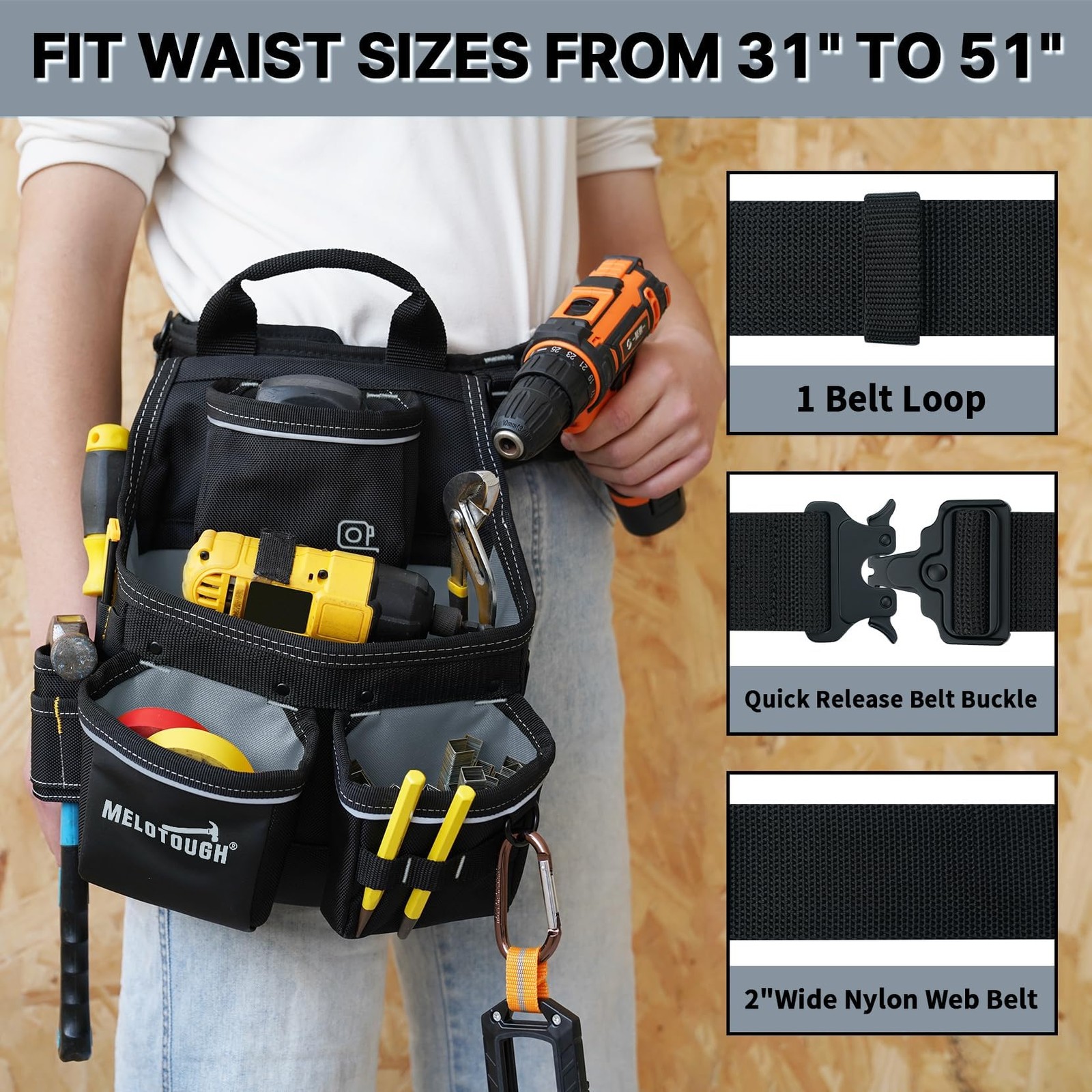 Electrician Tool Pouch with Belt 13 Pocket Tool Bag Construction Black