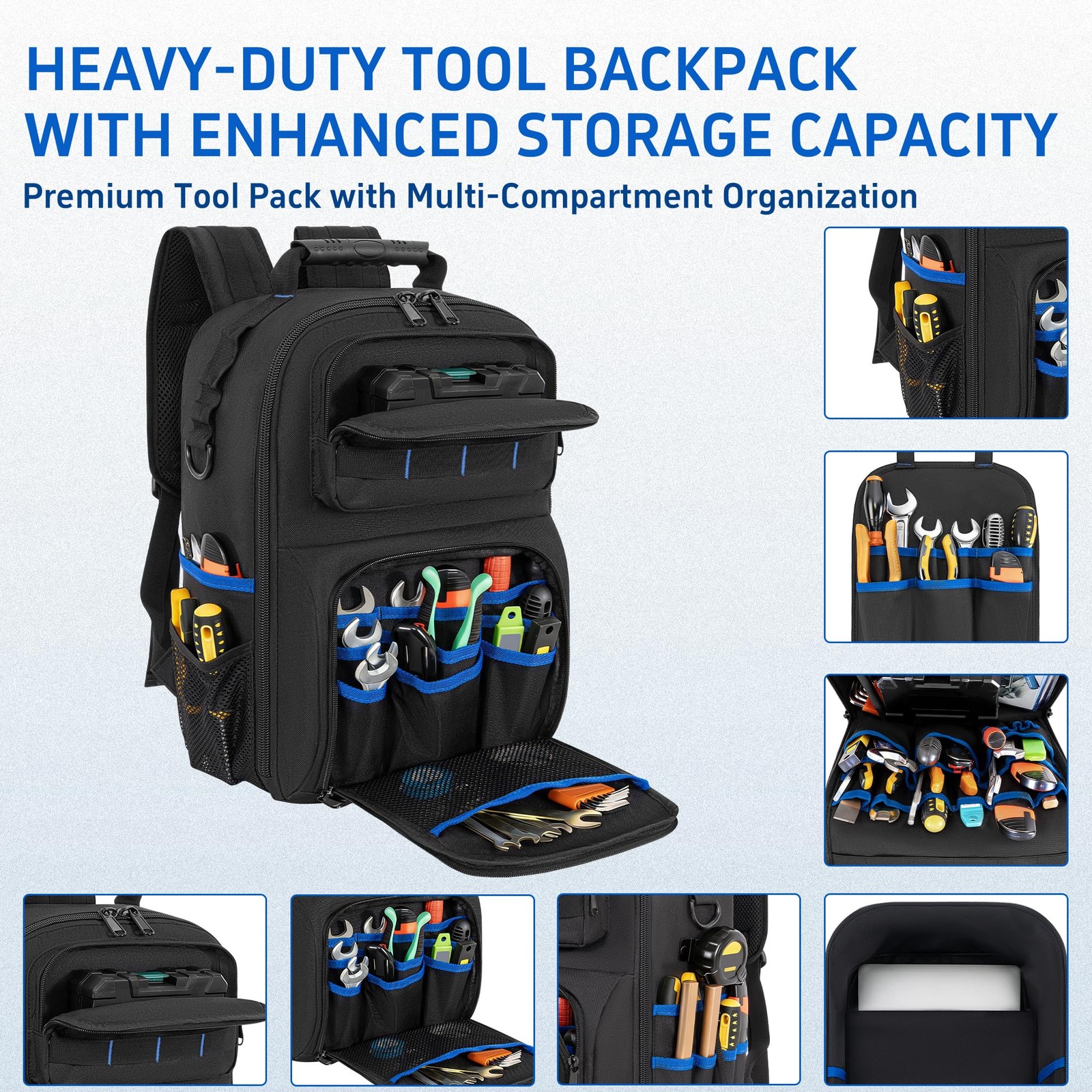 LASUK Backpack Tool Bag with Movable Base Plate, 11x9x16 inches, Black&Blue