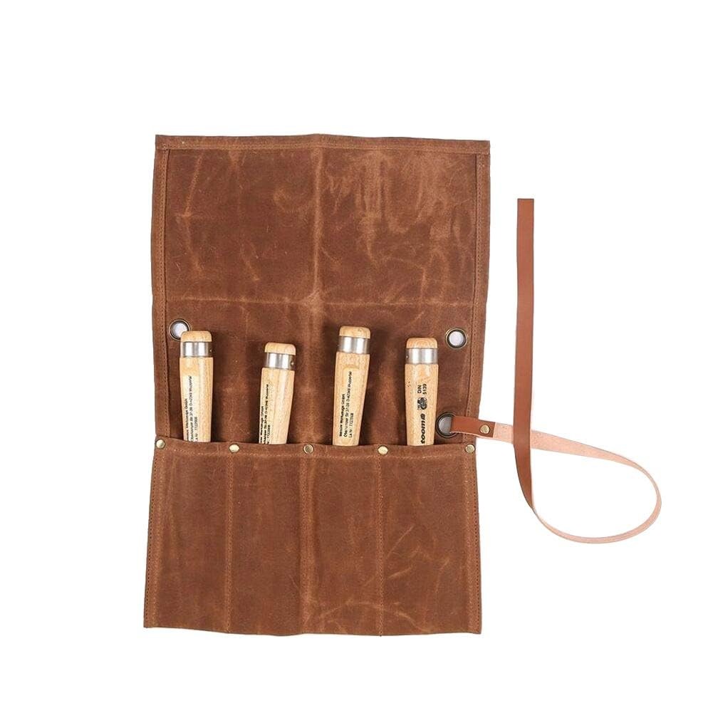 Waxed Canvas Tool Roll Pouch Organizer 4 Pockets Khaki for Wrenches Chisels