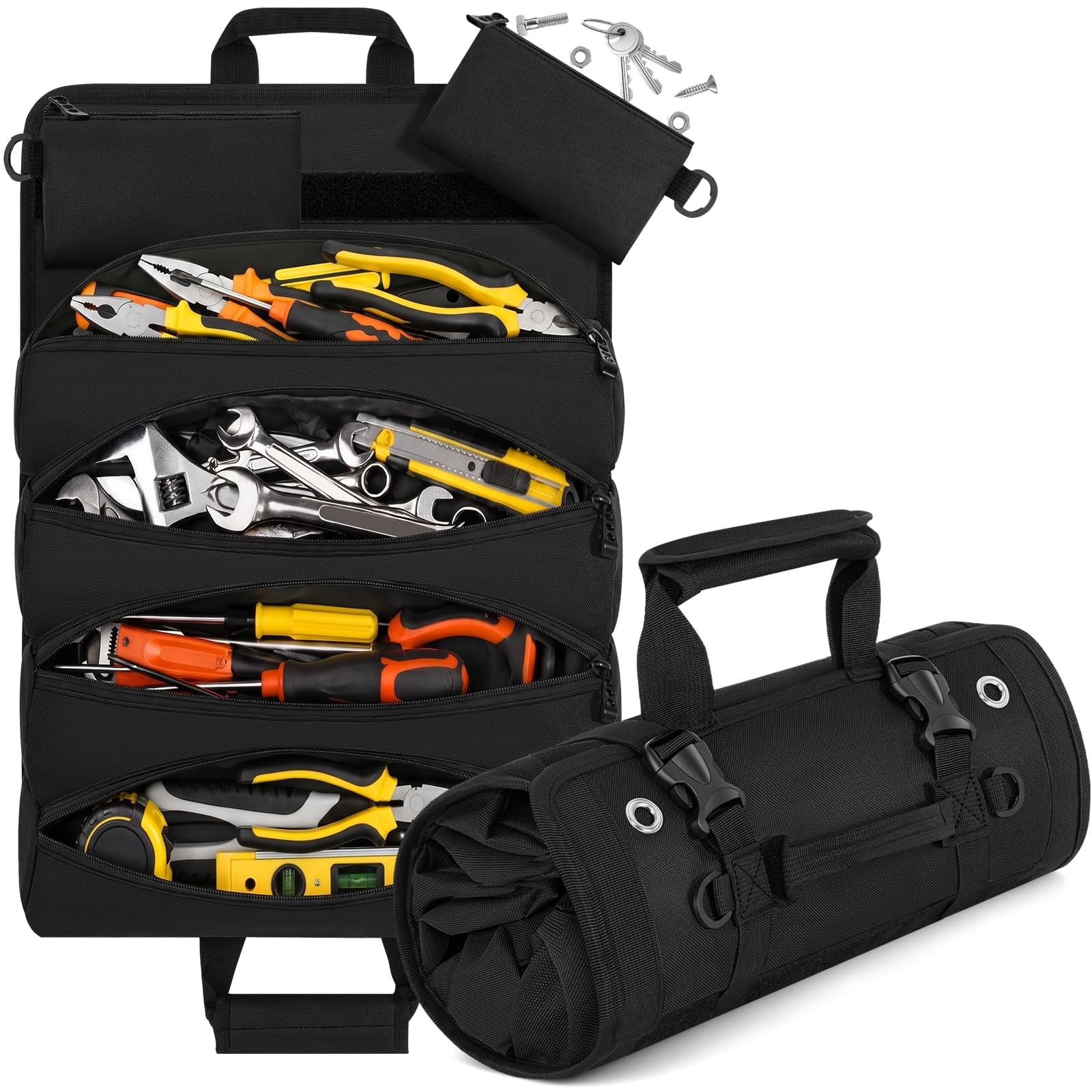 Black Standard Heavy Duty Roll Up Tool Bag Organizer 2 Detachable Pouch Garage